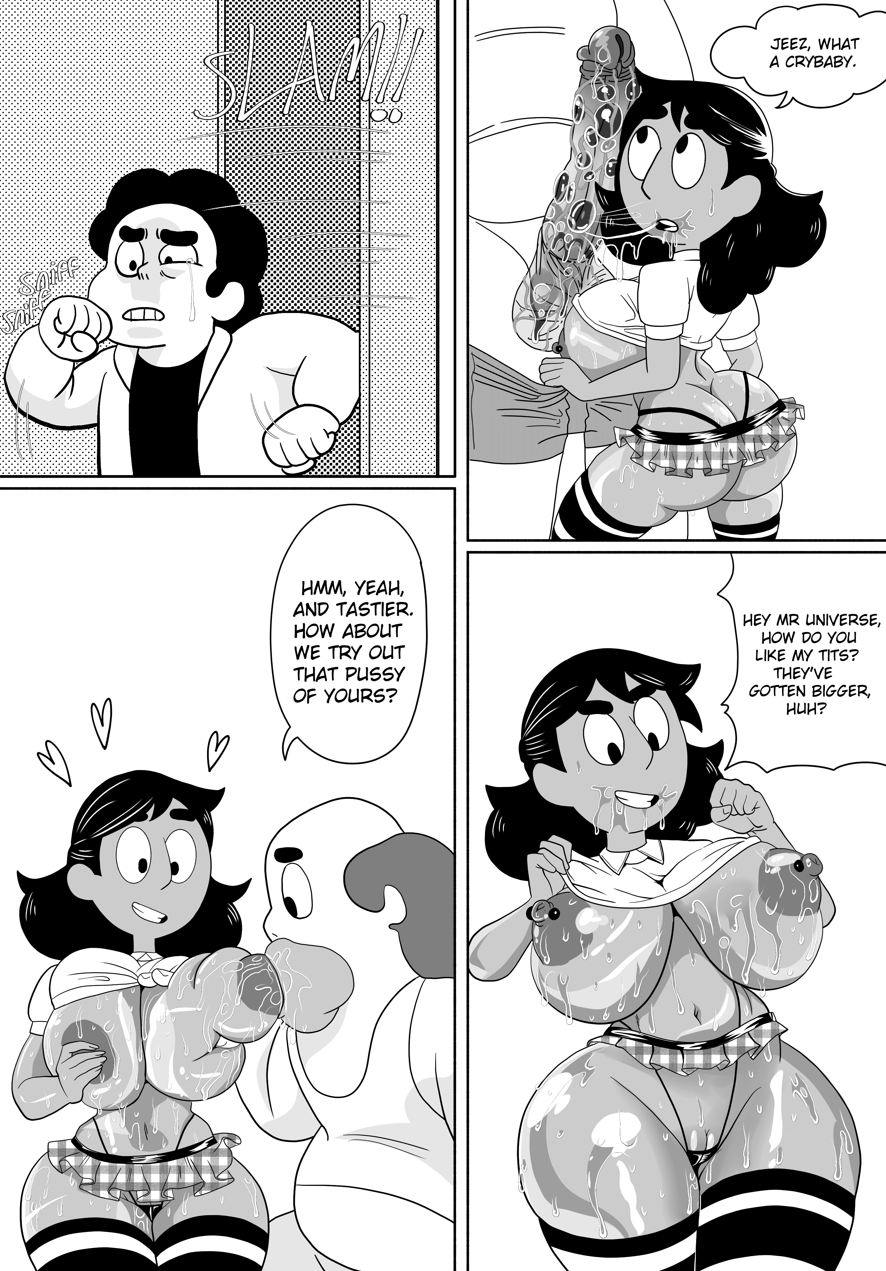 1girls, 2boys, age difference, betrayal, bimbo, black and white, breast grab, breast sucking, breasts, cartoon network, cheating, cheating girlfriend, comic, connie maheswaran, cucked by father, cuckold, dark penis, doompypomp, english text, fat, fat male, father, father and son's girlfriend, female, greg universe, greyscale, huge breasts, huge penis, larger male, male, microskirt, monochrome, netorare, older male, penis, school uniform, shortstack, size difference, smaller female, son, son cuck, speech bubble, steven quartz universe, steven universe, steven universe future, tears, text, thick thighs, thighs, thong, whale tail, wide hips, younger female