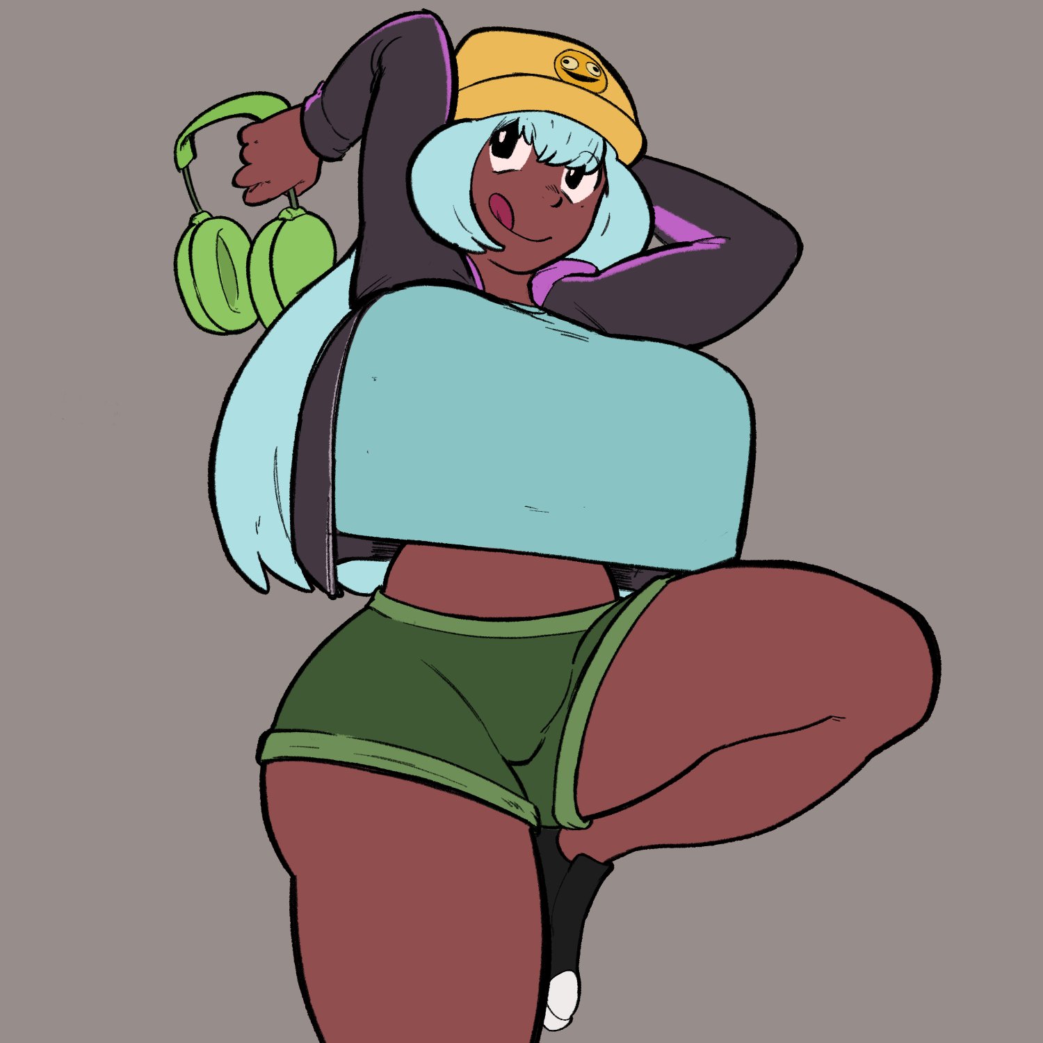 1girls, arms behind back, arms behind head, arms up, ass, ass peek, big breasts, big thighs, black eyes, blue hair, breasts, breasts bigger than head, brown body, brown skin, child bearing hips, crop top, crotch, cumulusgio, dark nipples, dark skin, dark-skinned female, dolly dimpley, female, female only, giant breasts, gigantic breasts, hat, headphones, holding headphones, huge breasts, jacket, large breasts, large thighs, leg raise, leg raised, leg up, licking lips, long hair, looking up, massive breasts, mole, mole under eye, navel, pose, posing, shoes, shorts, smiling friends, sneakers, solo, spats, spats shorts, thick hips, thick legs, thick thighs, tongue, tongue out, topless, topless female