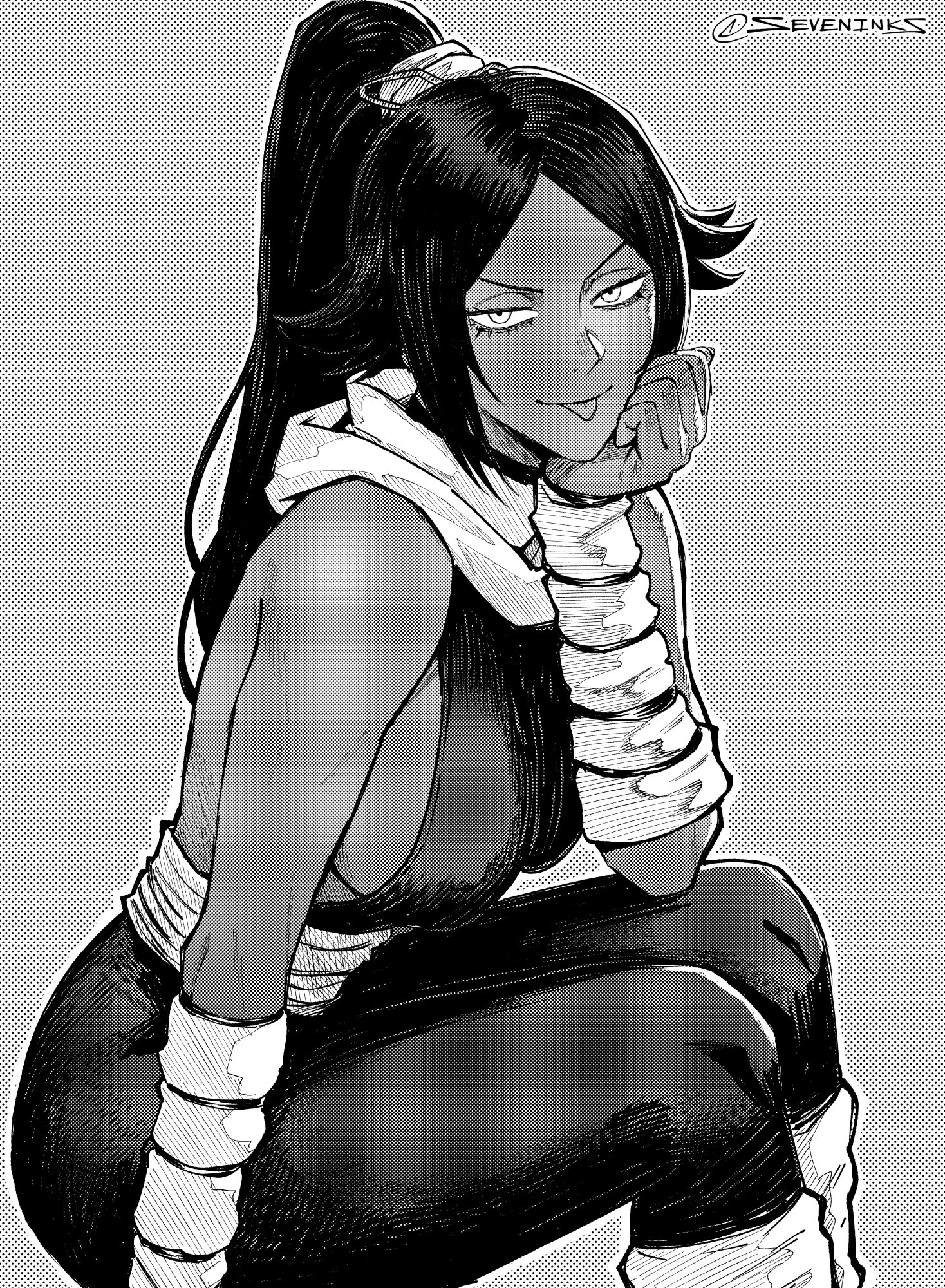 1girls, 2d, 2d (artwork), artist name, bare shoulders, black hair, bleach, breasts, dark skin, dark-skinned female, female, female focus, female only, hand on own chin, highres, large breasts, long hair, looking at viewer, monochrome, parted bangs, ponytail, seveninks, sfw, shihouin yoruichi, sideboob, simple background, sitting, solo, solo female, tongue, tongue out