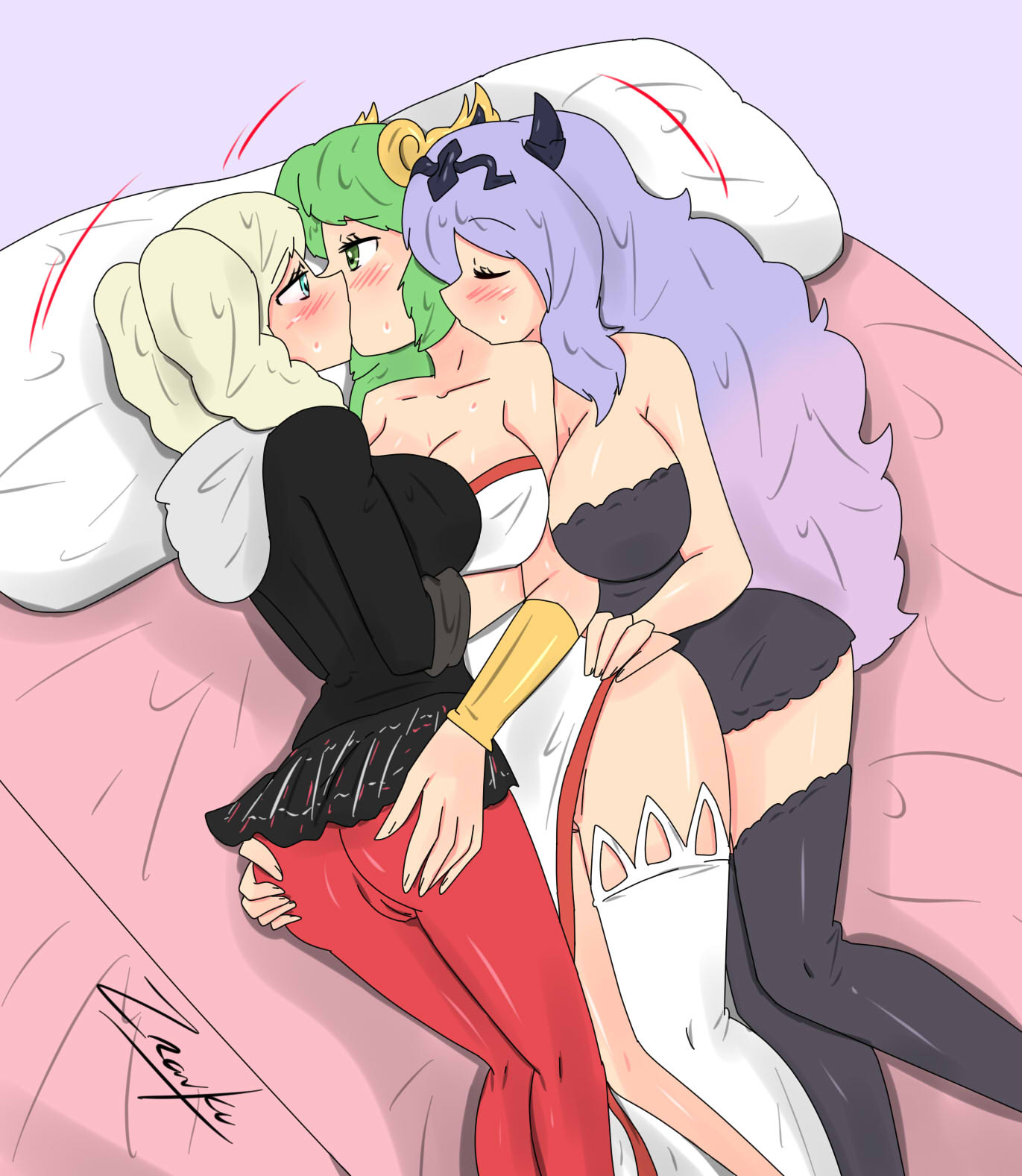 ann takamaki, camilla (fire emblem), cleavage, clothed, clothed sex, clothing, crossover, embrace, female, female only, fire emblem, fire emblem fates, hug, hugging, kid icarus, kissing, little black dress, neck kiss, nintendo, palutena, persona, persona 5, thighhighs, threesome, yuri, zettai ryouiki, zronku