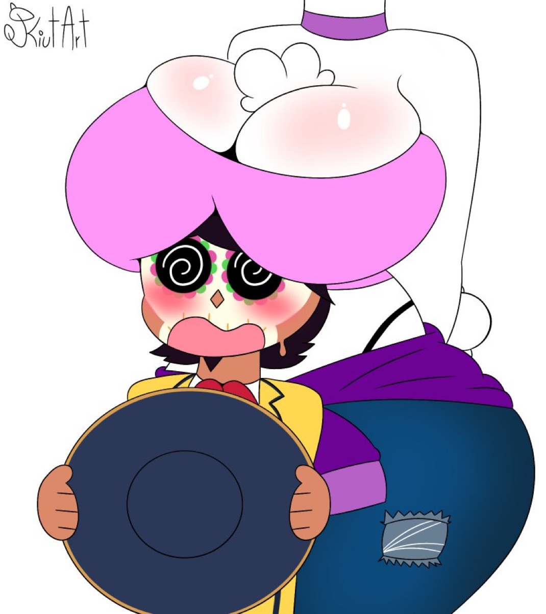 bibi (brawl stars), bibi rj (brawl stars), big breasts, blush, brawl stars, breasts on head, bt21, cctv poco (brawl stars), flushed face, kiut arts, line (app), mexican male, poco (brawl stars), rj (bt21), sheep, taller female, thick thighs