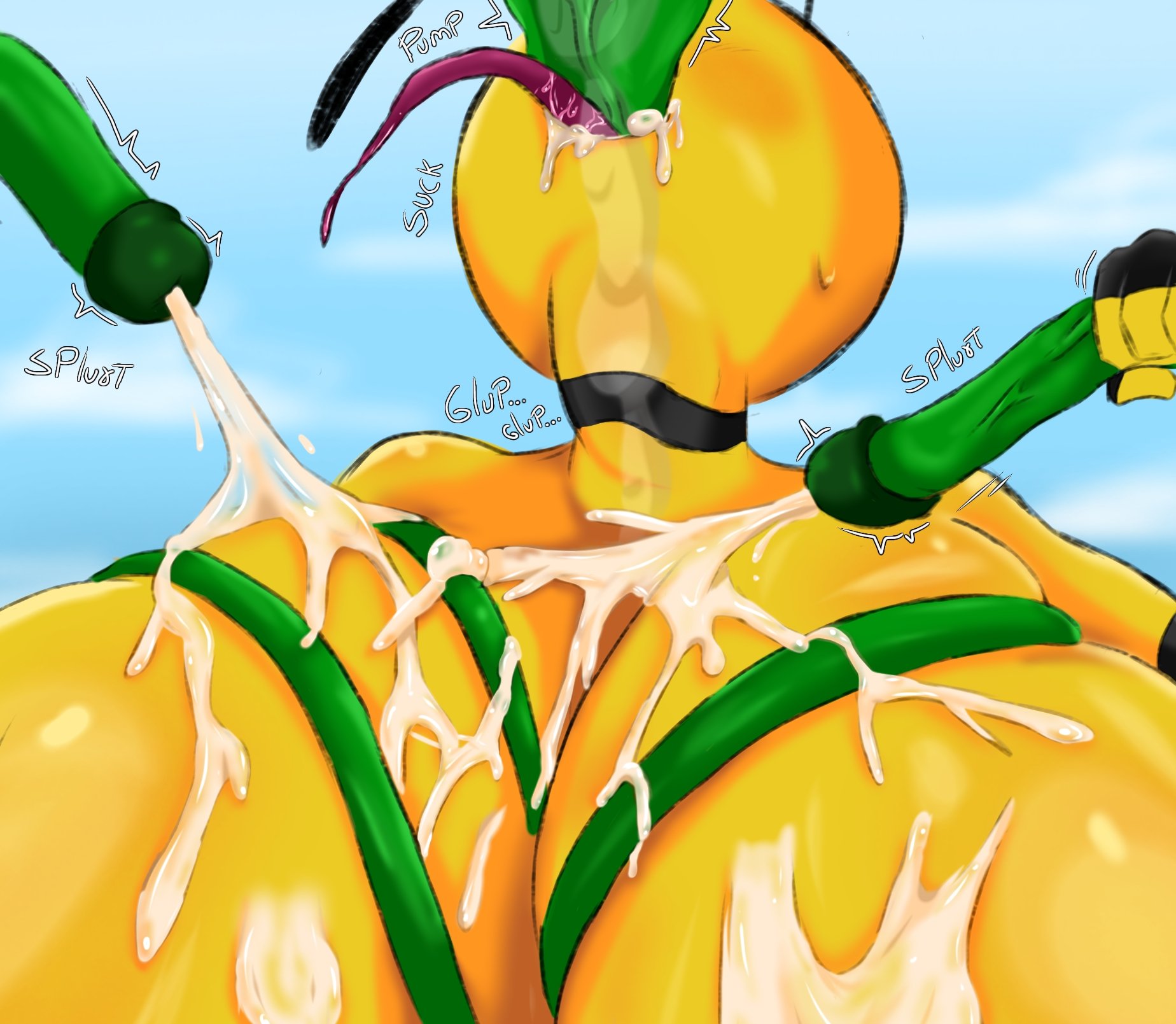1girls, amber the bee (golden toad), bee, bee girl, cumming, ejaculation, female, female focus, golden toad, massive breasts, nectar, pollen, pollination, sucking, tagme, tentacle, tentacle sex
