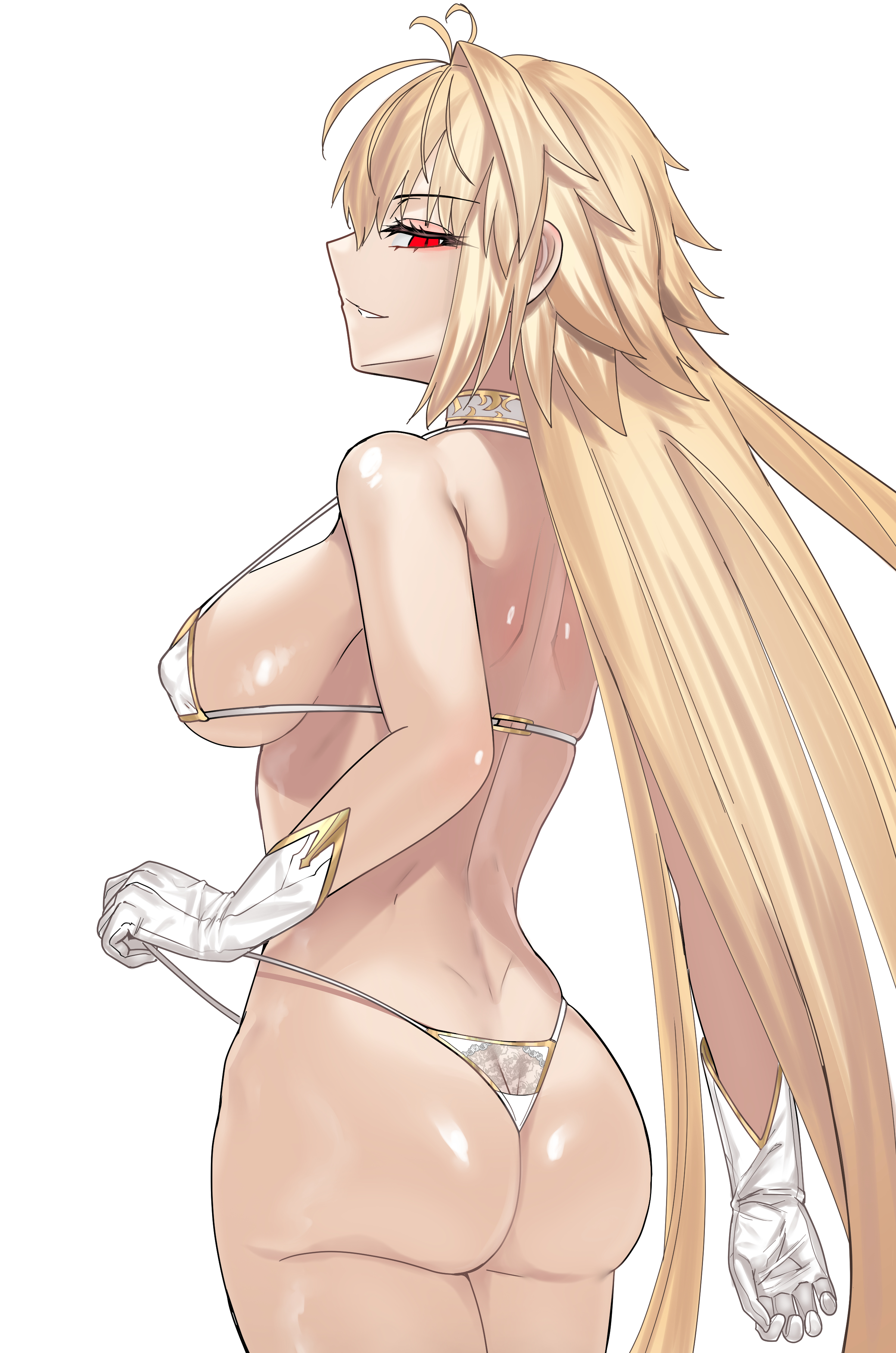 1girls, absurdres, ahoge, archetype earth, arcueid brunestud, ass, bikini, bikini pull, blonde hair, blue notuki, breasts, clothes pull, commentary request, female, gloves, gold trim, hair intakes, highres, huge ass, huge breasts, long hair, looking at another, looking at viewer, micro bikini, red eyes, sideboob, smile, smirk, solo, standing, swimsuit, thick thighs, thighs, tsukihime, tsukihime (remake), very long hair, white background, white bikini, white gloves