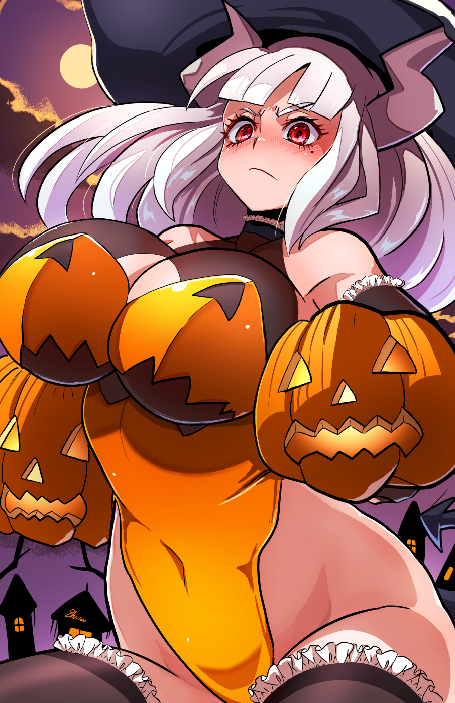 1girls, 8husa, alternate costume, big breasts, breasts, cleavage, demon girl, demon horns, demon tail, dress, female, female only, fujioka yatsufusa, gloves, halloween, halloween costume, hat, helltaker, highres, holding, holding pumpkin, horns, jack-o'-lantern, jack-o'-lantern print, large breasts, long hair, looking at viewer, lucifer (helltaker), mole, mole under eye, pumpkin, red eyes, solo, tail, thighhighs, white hair, white horns, witch, witch hat