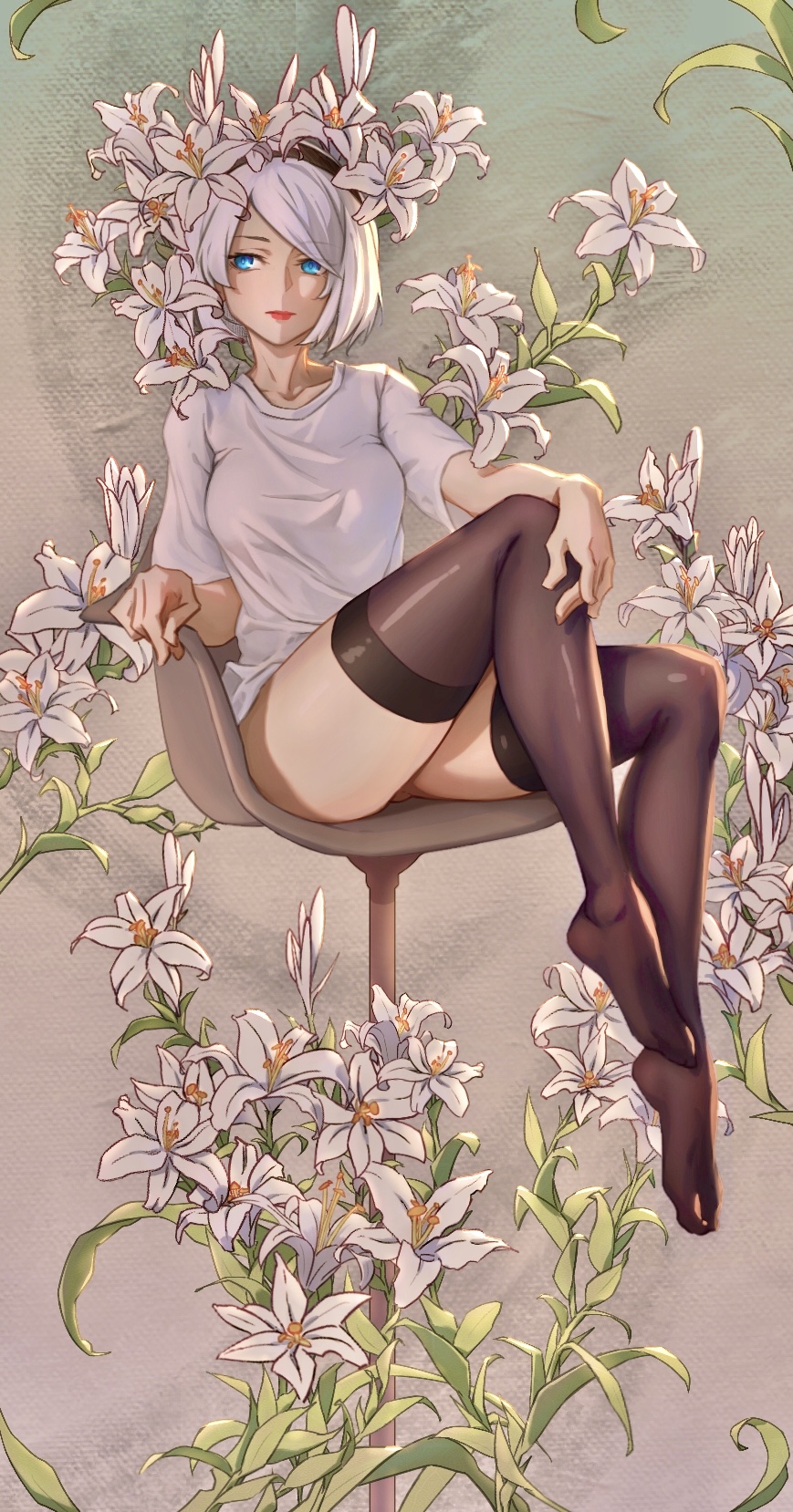 beautiful, blue eyes, bob cut, chair, cute, female, female only, flower, leggings, light skin, light-skinned female, nier: automata, pantsless, shirt, thighhighs, tshirt, vines, white hair, white shirt, white tshirt, wholesome, yorha 2b