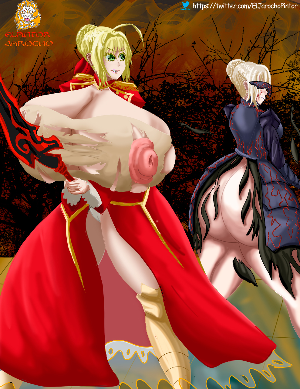 armor artoria_pendragon artoria_pendragon_(alter) big_nipples blonde_hair bubble_ass bubble_butt el_pintor_jarocho fate/extra fate/extra_ccc fate/stay_night fate_(series) fight fighting green_eyes huge_ass huge_breasts huge_butt hyper hyper_ass hyper_breasts nero_claudius_(fate) sword tagme white_hair