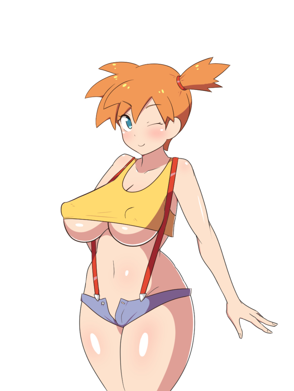1girls, alternate breast size, big breasts, blush, breasts, crop top, dd (artist), female, female only, green eyes, human, kasumi (pokemon), large breasts, misty (pokemon), nintendo, nipples, orange hair, pokemon, solo, suspenders, underboob