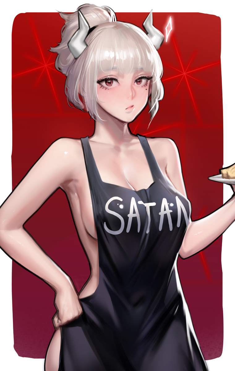 1girls, apron, apron only, beauty mark, big breasts, breasts, cleavage, female, helltaker, highres, horn, kidmo, looking at viewer, lucifer (helltaker), partially clothed, red eyes, surprised, tagme, text, white hair