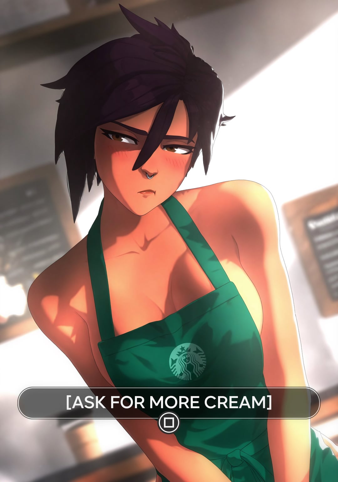 1girls, apron, apron only, athletic female, big breasts, breasts, courtney (dispatch), dark skin, dark violet hair, dark-skinned female, dispatch (game), earrings, female, female human, female only, fit female, human, invisigal, looking at viewer, mature, mature female, medium breasts, penguaiart, short hair, sideboob, solo, starbucks, tomboy, wide hips