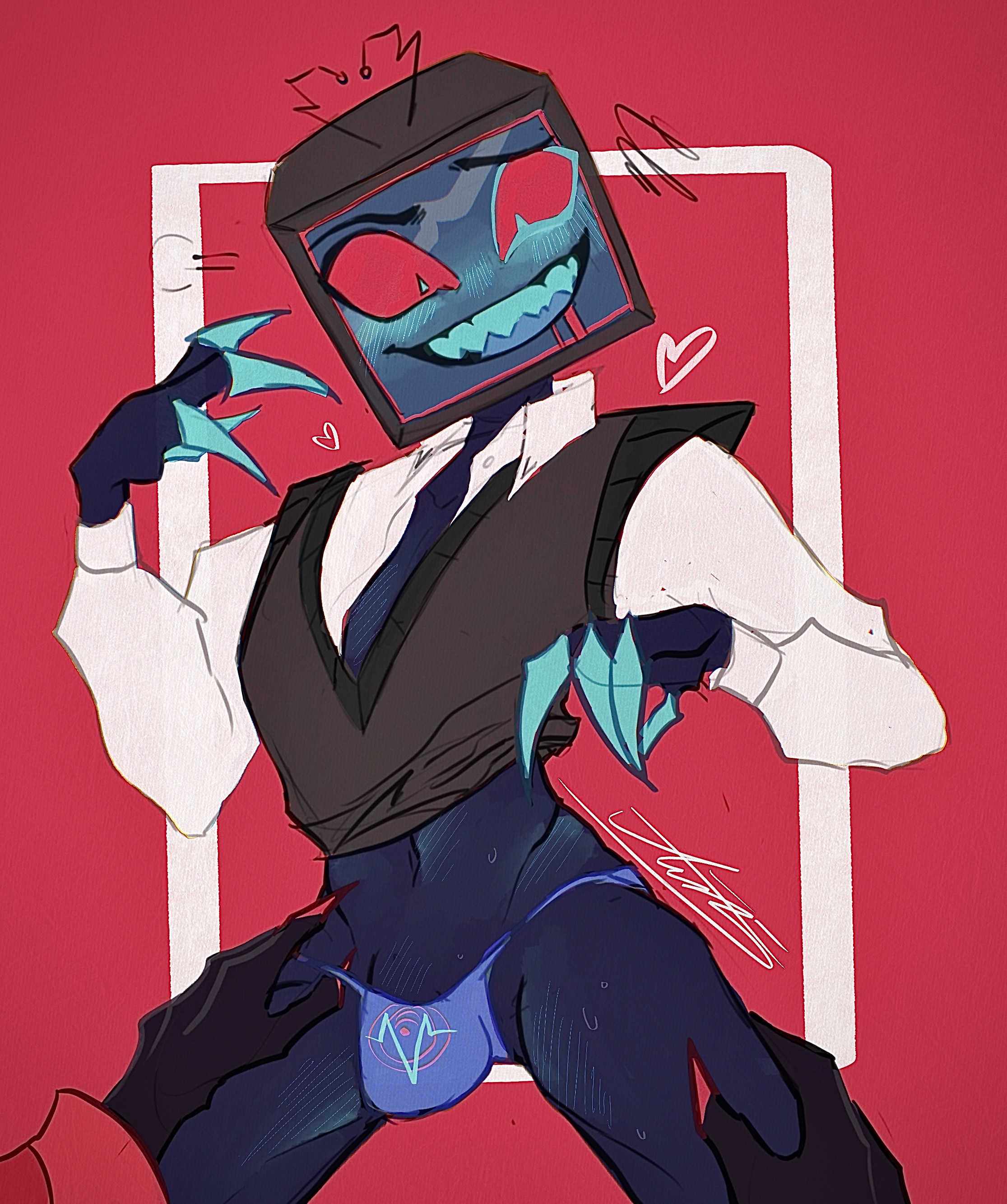 alastor (hazbin hotel), allknowingaxolotl, arched back, bulge, bulge under clothes, claws, drooling, erection under clothes, for a head, gay, gay sex, grabbing, grabbing thighs, hazbin hotel, hearts around head, off screen male character, panties, partially clothed, red eyes, shark teeth, sharp teeth, shirt lift, skinny male, submissive male, suggestive, sweat, thighs, thong, tv head, twink, underwear, vox (hazbin hotel)