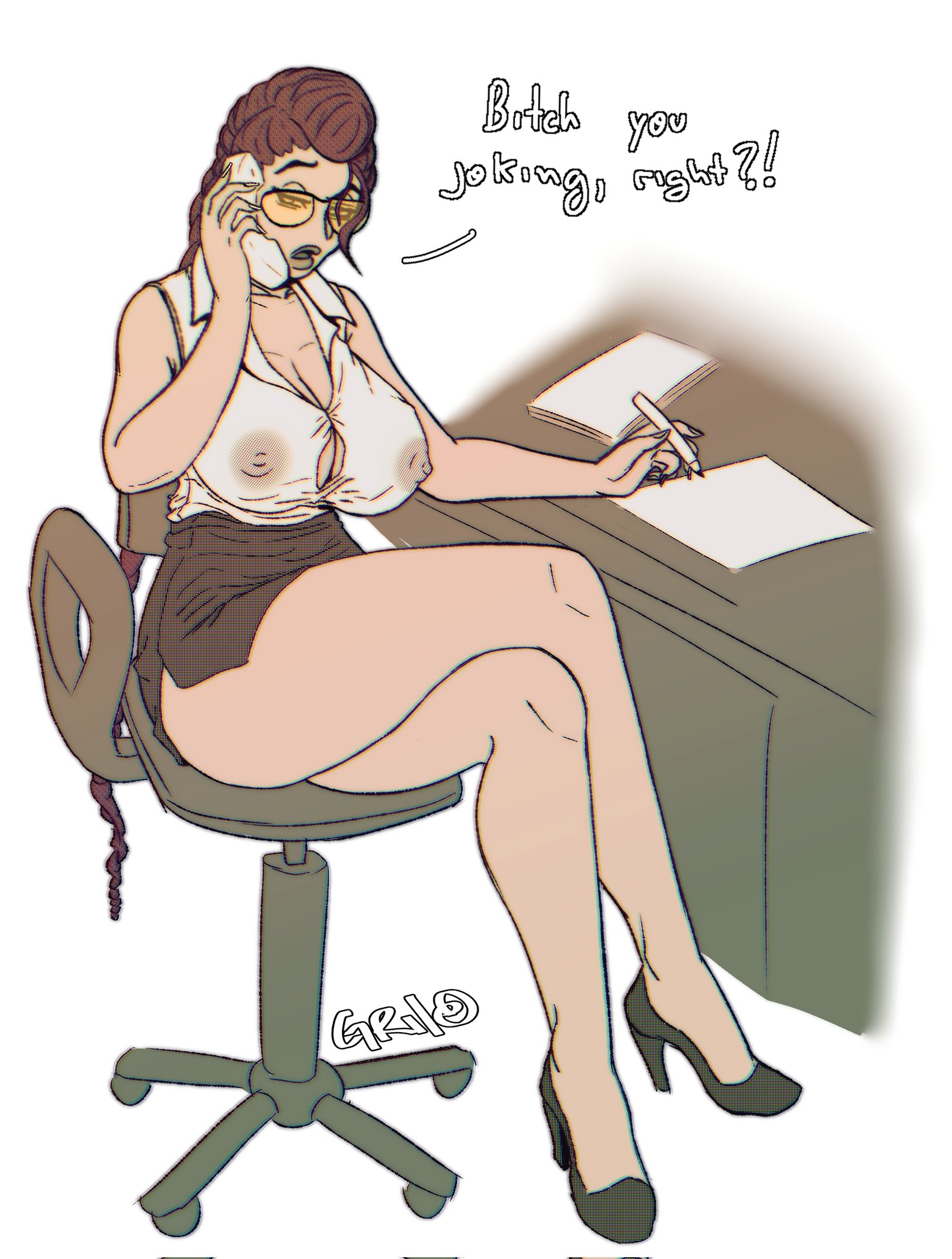 2d, areolae, bare legs, big breasts, braid, breasts, bursting breasts, busty, capcom, cleavage, crimson viper, erect nipples, female, high heels, hourglass figure, large breasts, long fingernails, long hair, milf, miniskirt, nipples, office lady, overflowing breasts, phone, pinup, pinup pose, red hair, see-through, see-through clothing, shirt, sitting, skimpy, skimpy clothes, skirt, sleeveless, sleeveless shirt, solidusgrilo, street fighter, street fighter 6, sunglasses, tagme, tinted eyewear, wide hips