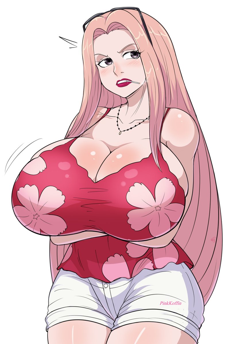arms under breasts, big breasts, breasts, cigarette, crossed arms, female, female focus, female only, hina (one piece), huge breasts, large breasts, long hair, marine (one piece), one piece, overflowing breasts, pink hair, pinkkoffin, red lipstick, short shorts, shorts, sideboob, smoke, smoking, solo, solo female, solo focus, thick thighs, white background, white pants