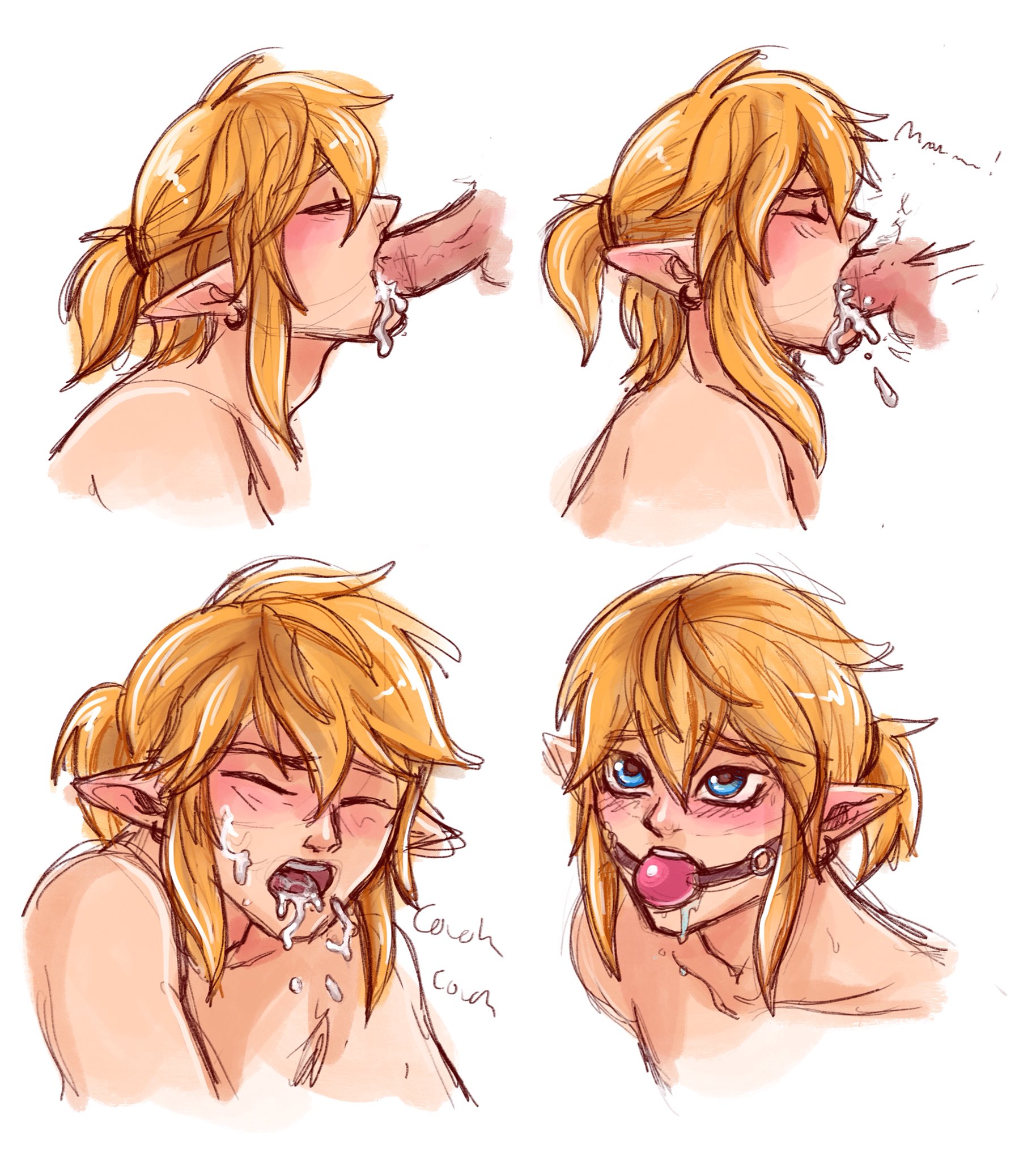 2boys, ball gag, blonde hair, blue eyes, blush, closed eyes, cum, cum in mouth, cum inside, fellatio, gag, katamak, link, male, nintendo, open mouth, oral, pointy ears, possumdaddi, the legend of zelda, yaoi