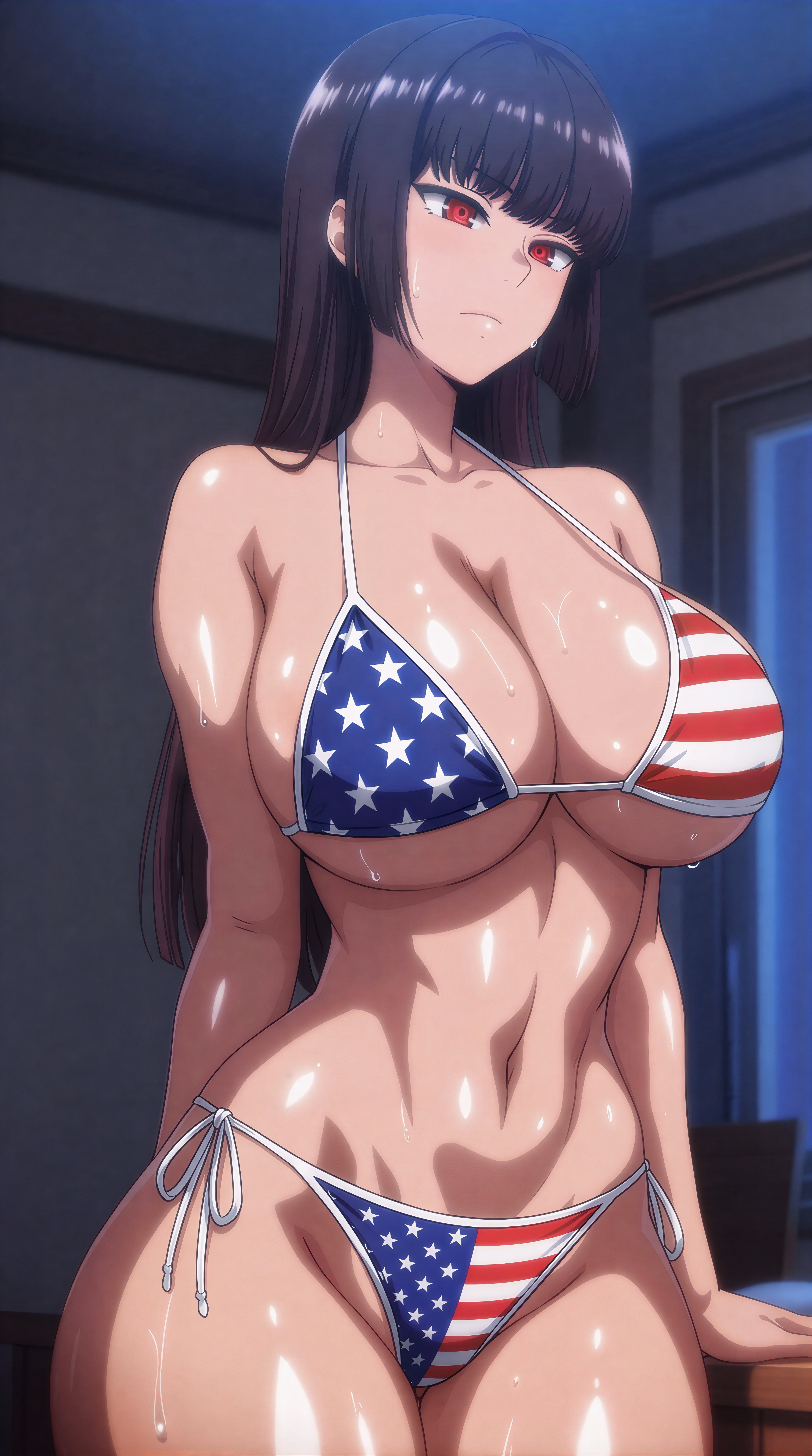 1girls, 4k, 4k resolution, 8k, ai generated, american flag bikini, athletic, athletic body, athletic female, bikini, female, female focus, high res, high resolution, hires, indoors, inside, long hair, please don't bully me, nagatoro, president (nagatoro), red eyes, sana sunomiya, solo, solo female, solo focus, straight hair, tagme, toned, toned body, toned female, underboob, upscaled, wet, wet body, wet skin