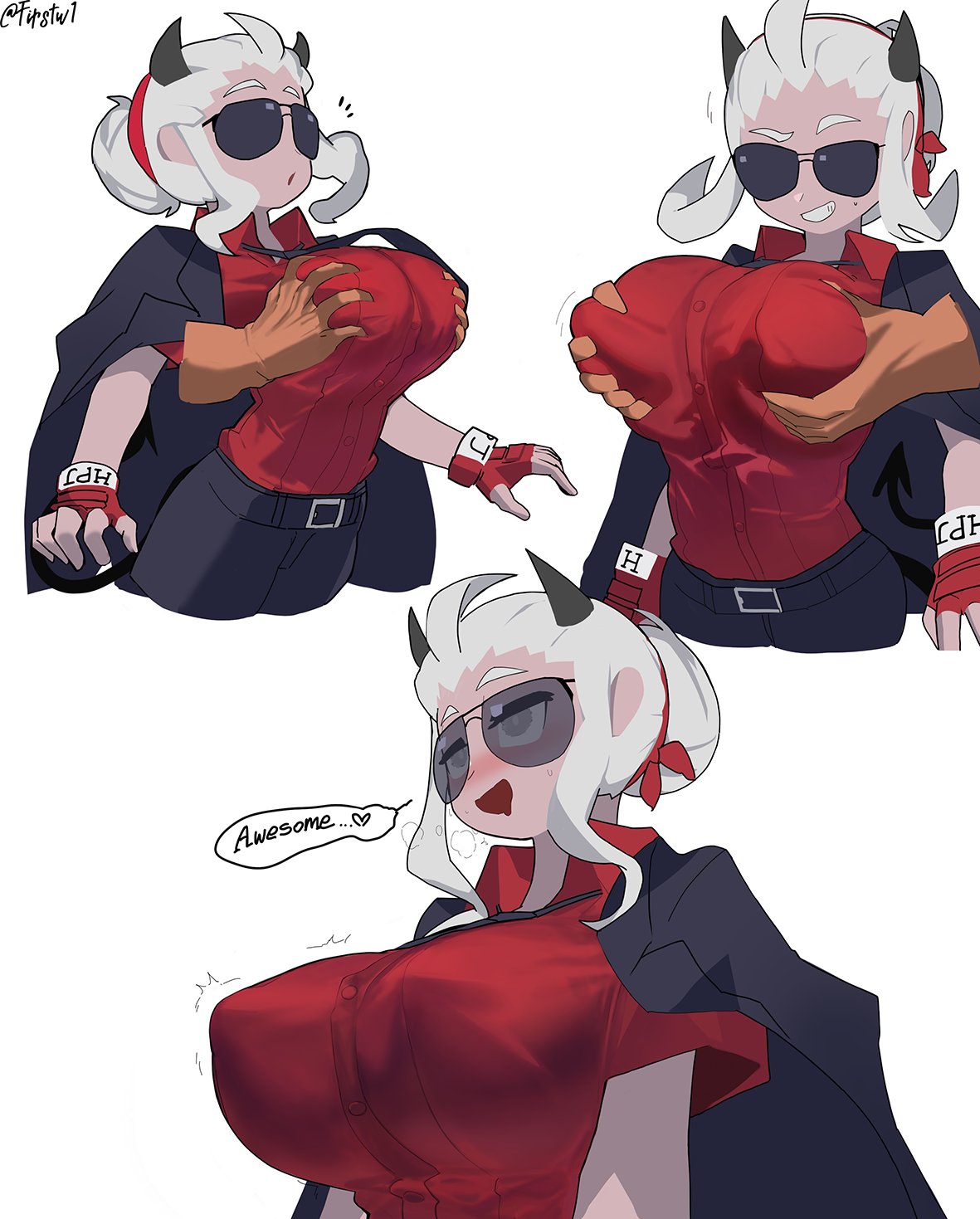 aviator_sunglasses blind breast_grab breast_squeeze clothed_female erect_nipples firstw1 helltaker horns huge_breasts justice_(helltaker) smug suit sunglasses tie tinted_eyewear white_hair