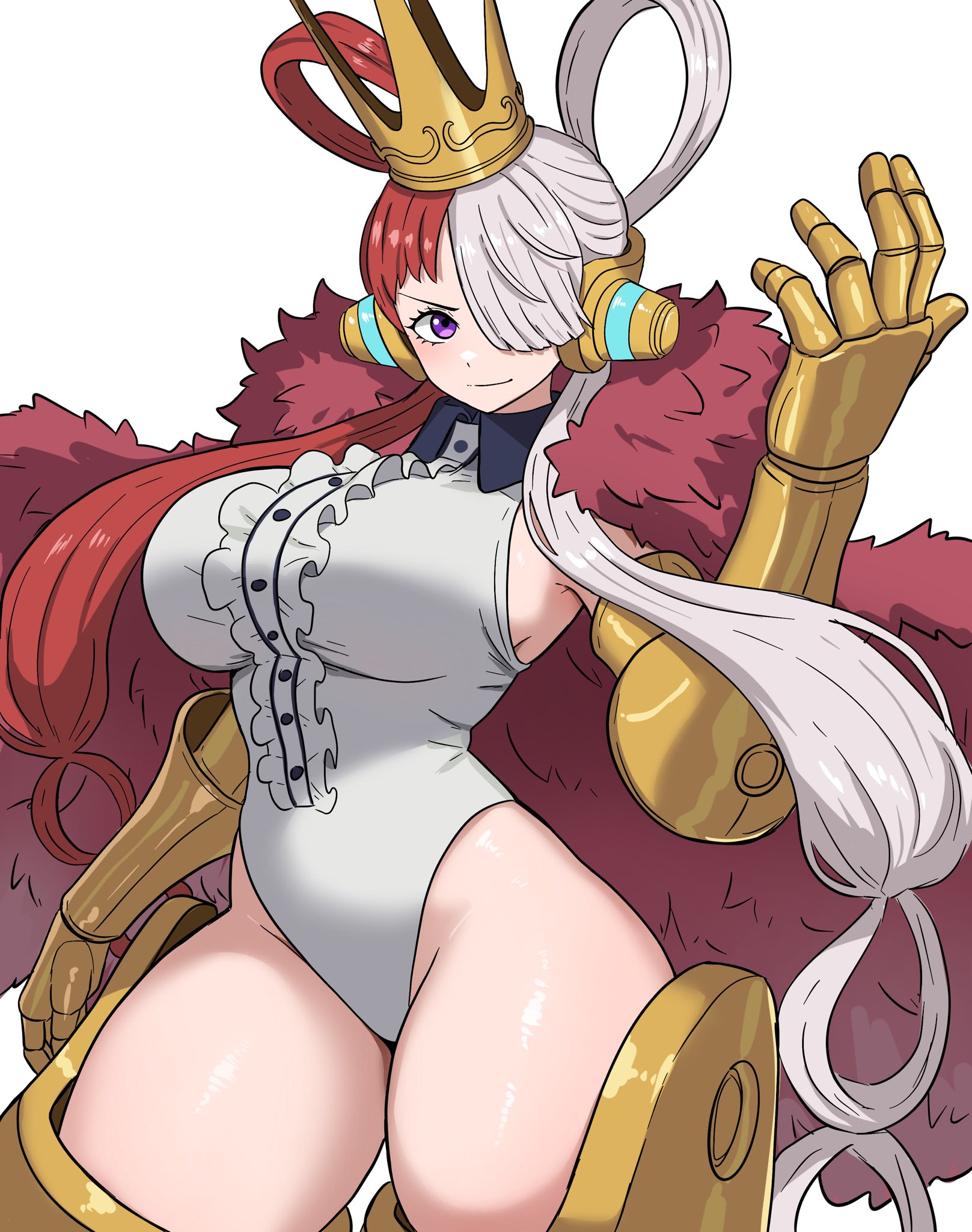 1girls, ass visible through thighs, blush, confident, curvy, female, female only, huge ass, huge breasts, ishinabe art, leotard, one piece, one piece film red, red hair, red-haired female, smile, solo, thick thighs, thighs, two-tone hair, uta (one piece), v-shaped eyebrows, voluptuous, white hair, white-haired female, wide hips