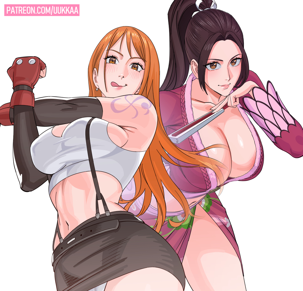 2girls, arm tattoo, big breasts, blue tattoo, boa hancock (cosplay), breasts, brown eyes, brown hair, brown-haired female, cleavage, cosplay, crossover, crossover cosplay, fatal fury, female, female only, final fantasy, final fantasy vii, folding fan, huge breasts, king of fighters, large breasts, licking lips, long hair, mai shiranui, mitsuishi kotono, multiple girls, nami (one piece), one piece, orange eyes, orange hair, orange-haired female, ponytail, tattoo, tifa lockhart (cosplay), tongue, tongue out, uukkaa, voice actor connection
