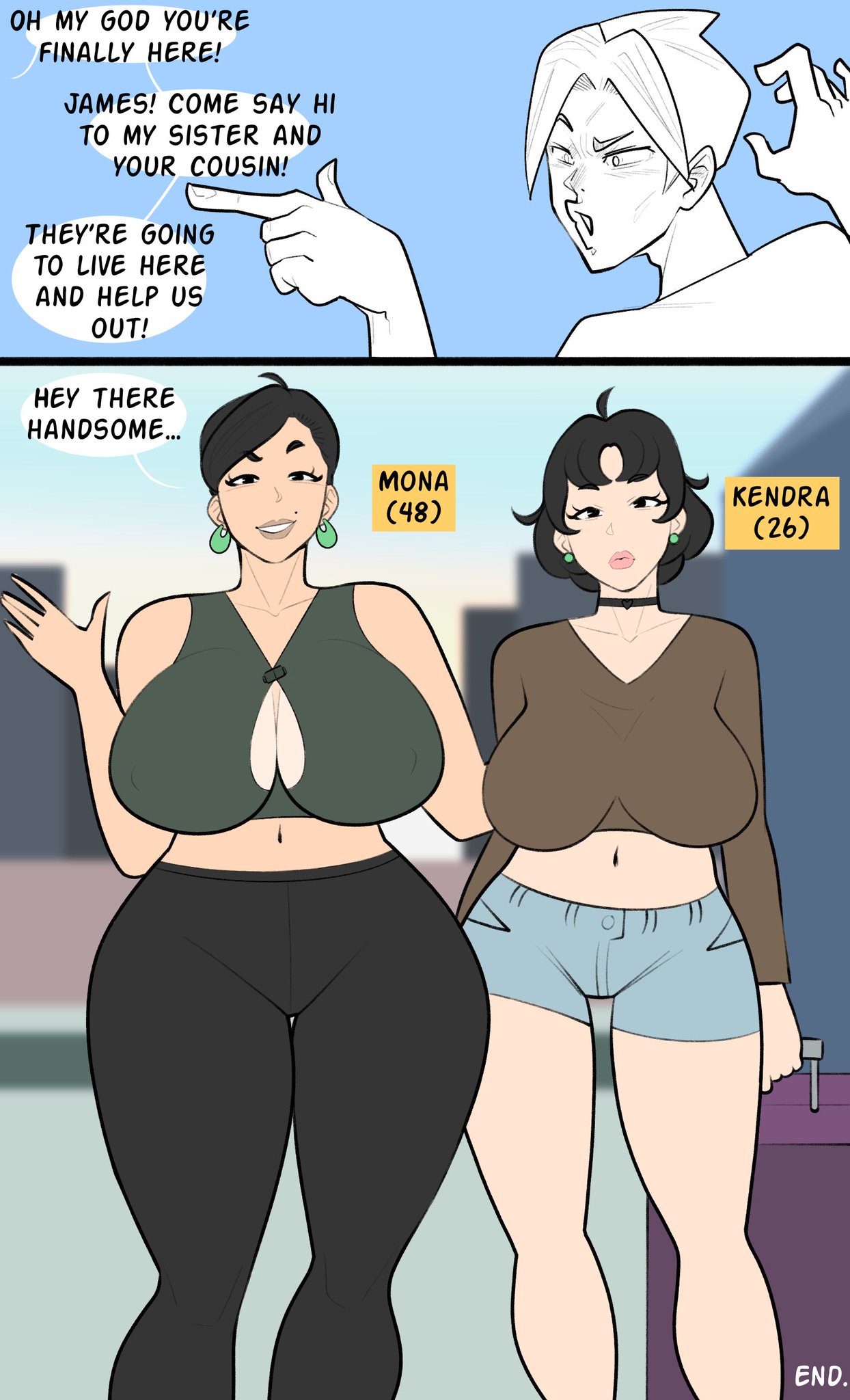 1boy, 3girls, age difference, ass, ass bigger than head, aunt, big ass, big breasts, big thighs, breasts, breasts bigger than head, comic, cousin, cousins, curvaceous, curvy, curvy figure, digital media (artwork), female, hips, hourglass figure, huge ass, huge breasts, huge thighs, james (jopuari), jopuari, kendra (jopuari), large ass, large breasts, large thighs, legs, light skin, light-skinned female, lisa (jopuari), male, male/female, mature, mature female, milf, mommy, mona (jopuari), mother, mother and son, nephew, offscreen character, offscreen female, older female, older female and younger male, original, original character, original characters, sister, sisters, slim waist, son, story, straight, thick, thick hips, thick legs, thick thighs, thighs, thighs bigger than head, voluptuous, waist, wide hips, wide thighs, younger male