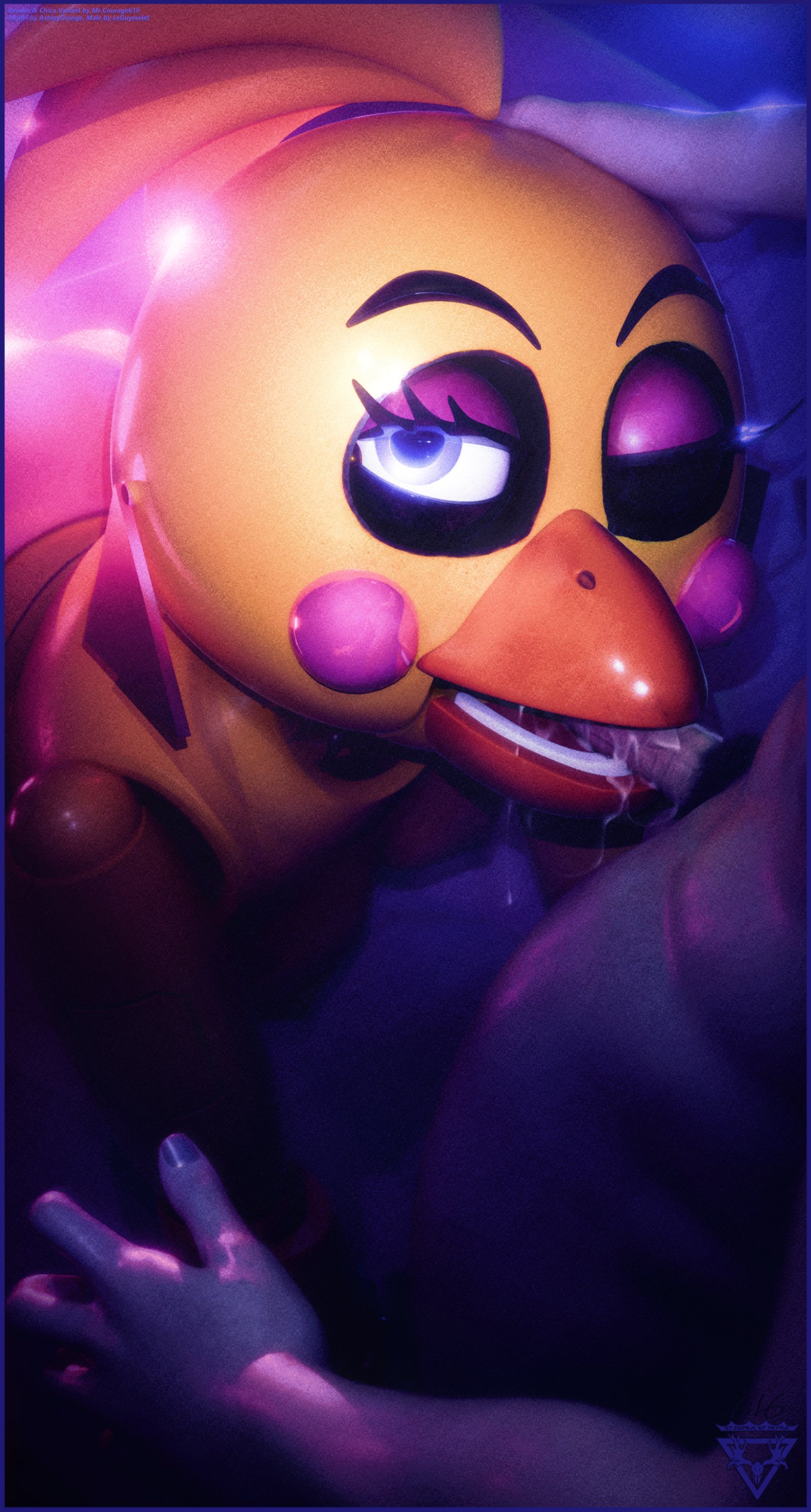 2025, 3d, 3d (artwork), accurate art style, accurate body type, animatronic, anon, anonymous male, beak, beakjob, blender, blowjob, five nights at freddy's, five nights at freddy's 2, human, looking at viewer, mrcourage616, on model, oral, scottgames, size difference, straight, tagme, toy chica (fnaf), wink