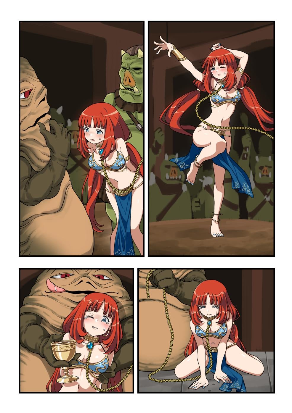 blush, chain leash, chained, chains, dancing, gamorrean, gamorrean guard, genshin impact, harem girl, harem outfit, jabba the hutt, nilou (genshin impact), red hair, slave, slave bikini, slave collar, slave girl, slave leia (cosplay), star wars
