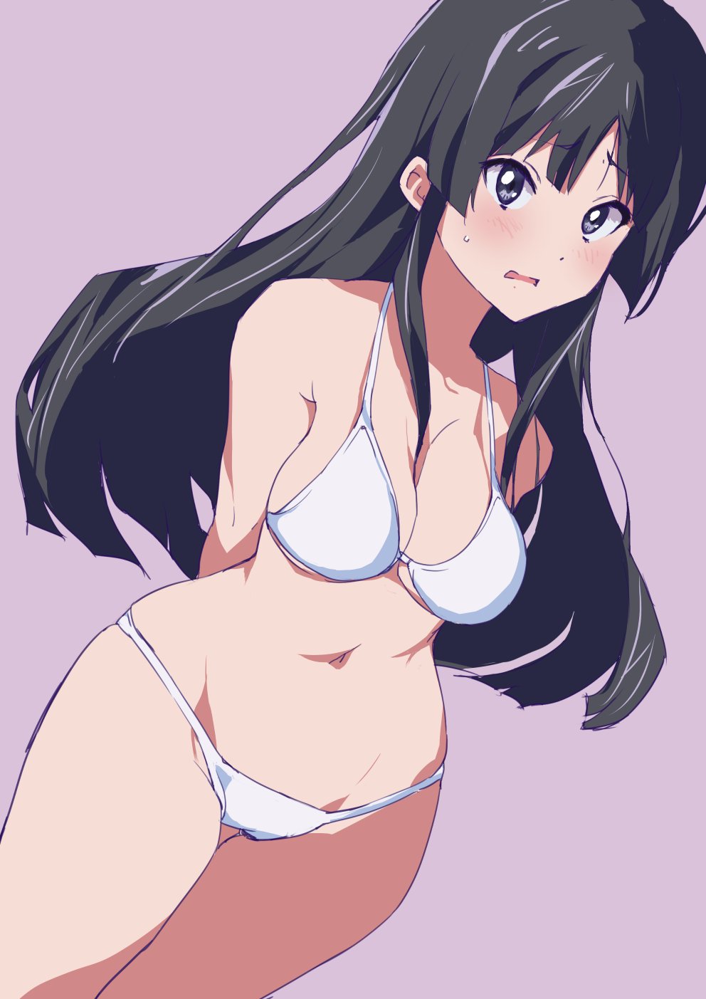 1girls, arm behind back, beige background, bikini, black eyes, black hair, blunt bangs, breasts, cleavage, coveredcore, cowboy shot, female, highres, hime cut, k-on!, long hair, looking at viewer, medium breasts, mio akiyama (k-on!), navel, sidelocks, solo, standing, swimsuit, white bikini, wide hips
