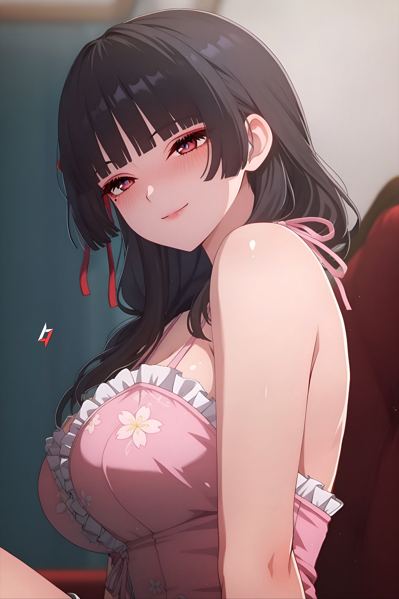 1girls, ai generated, black hair, chisa (wuthering waves), large breasts, long hair, red eyes, wuthering waves