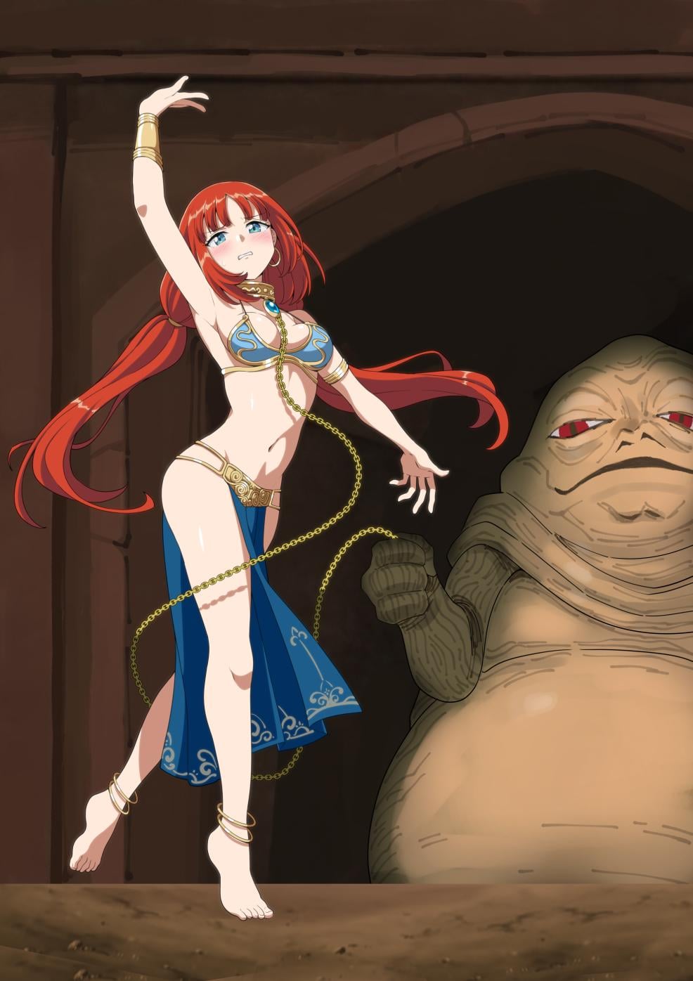1boy, 1boy1girl, 1girls, blush, chain leash, chained, chains, dancer, dancer outfit, dancing, female, genshin impact, jabba the hutt, male, male/female, nilou (genshin impact), slave, slave bikini, slave collar, slave girl, slave leia (cosplay), slave outfit, star wars