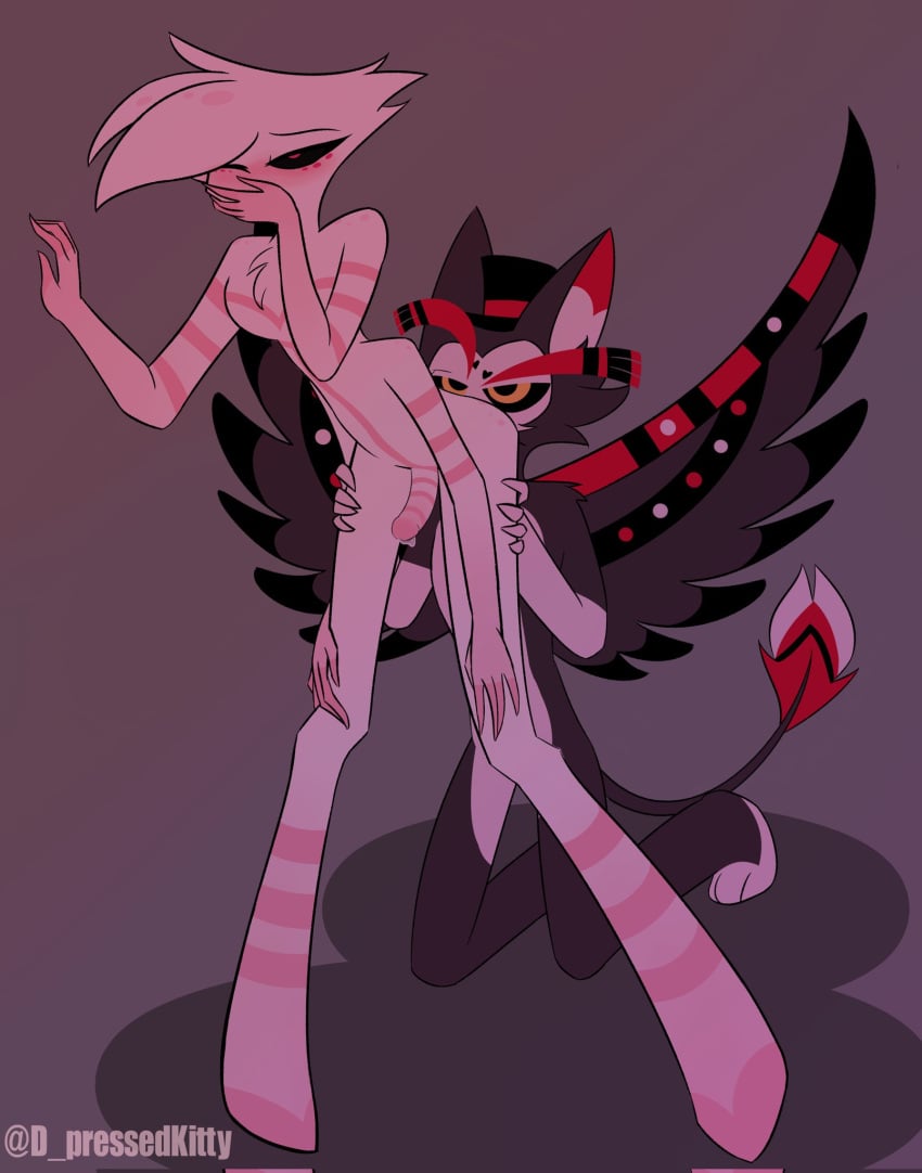 2boys, 4 arms, angel dust (hazbin hotel), anilingus, anthro, artist name, blush, covering mouth, d pressedkitty, femboy, full body, furry, gay, gay sex, hazbin hotel, husk (hazbin hotel), male, male only, male/male, rimming, rimming male, standing, twink, wings, yaoi