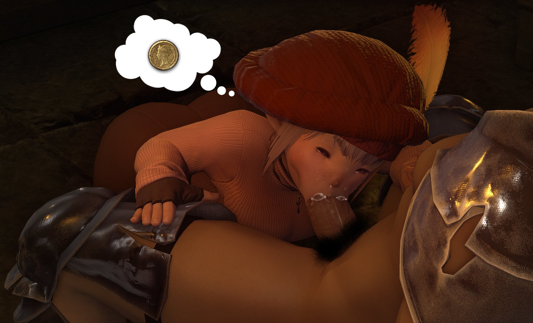 :>=, armor, blowjob, blowjob face, blush, cum, cum in mouth, cum on face, faceless character, faceless male, fellatio, final fantasy, final fantasy xiv, gloves, gpose (ffxiv), hat, lalafell, long sleeves, penis, penznezlala, pubes, red eyes, short hair, shortstack, size difference, smaller female, smaller penetrated, square enix, tataru taru, thick eyebrows, thought bubble, vacuum blowjob, vacuum fellatio