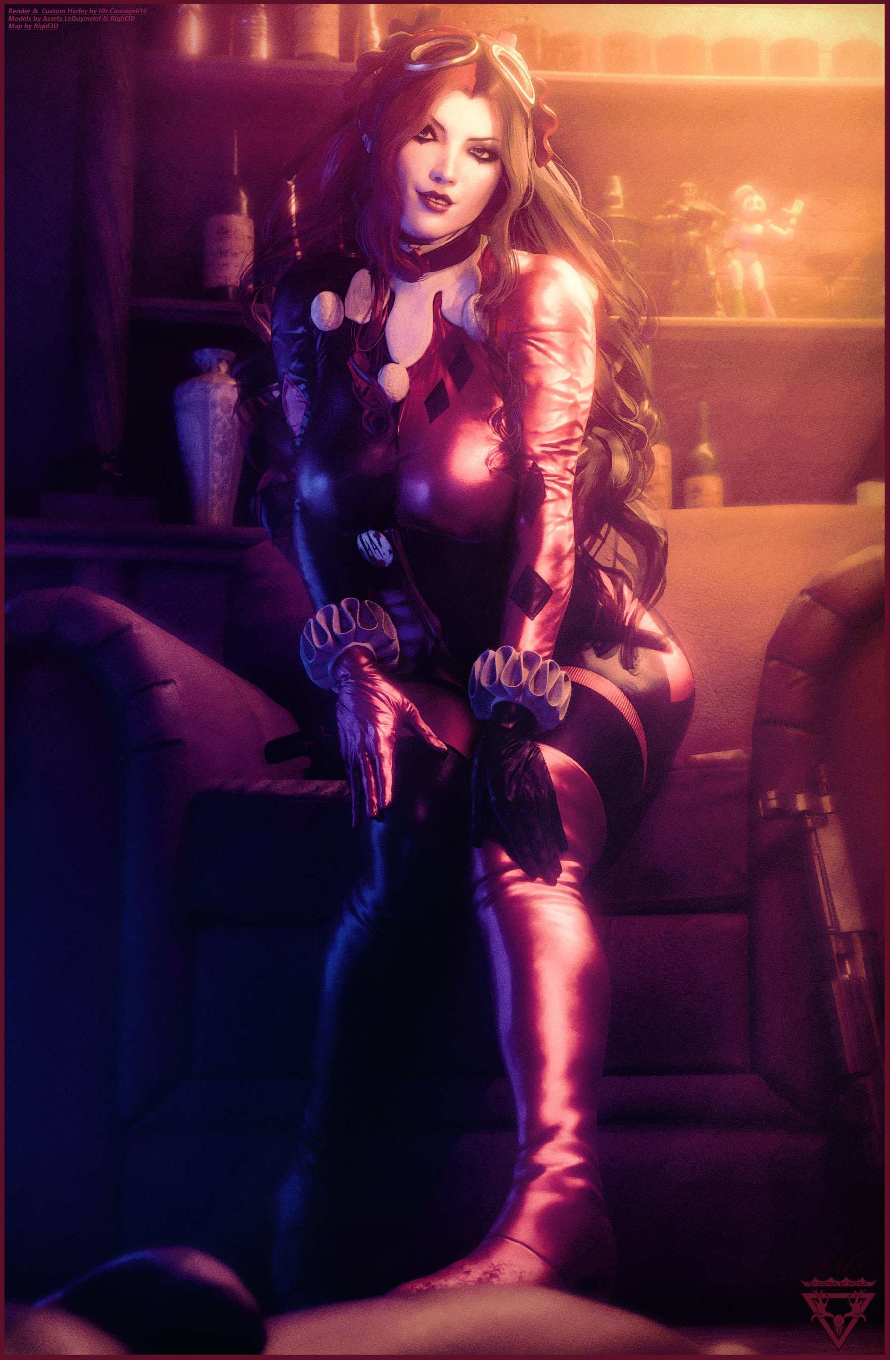 1girls, 2025, 3d, armchair, background, batman (series), bent over, blender, bodysuit, border, chair, choker, clothed, clothed female, clothing, couch, dark room, dc, dc comics, detailed, eyewear, facepaint, female, female only, five nights at freddy's, five nights at freddy's: security breach, fnaf, front view, full body, fully clothed, gloves, goggles, goggles on forehead, gun, hair, hands on knees, harley quinn, human, human only, latex, latex clothing, long hair, makeup, mrcourage616, pinup, pose, red border, ruffled sleeves, ruffles, shelf, sitting, solo, tagme, tight clothing, two-tone clothing, watermark