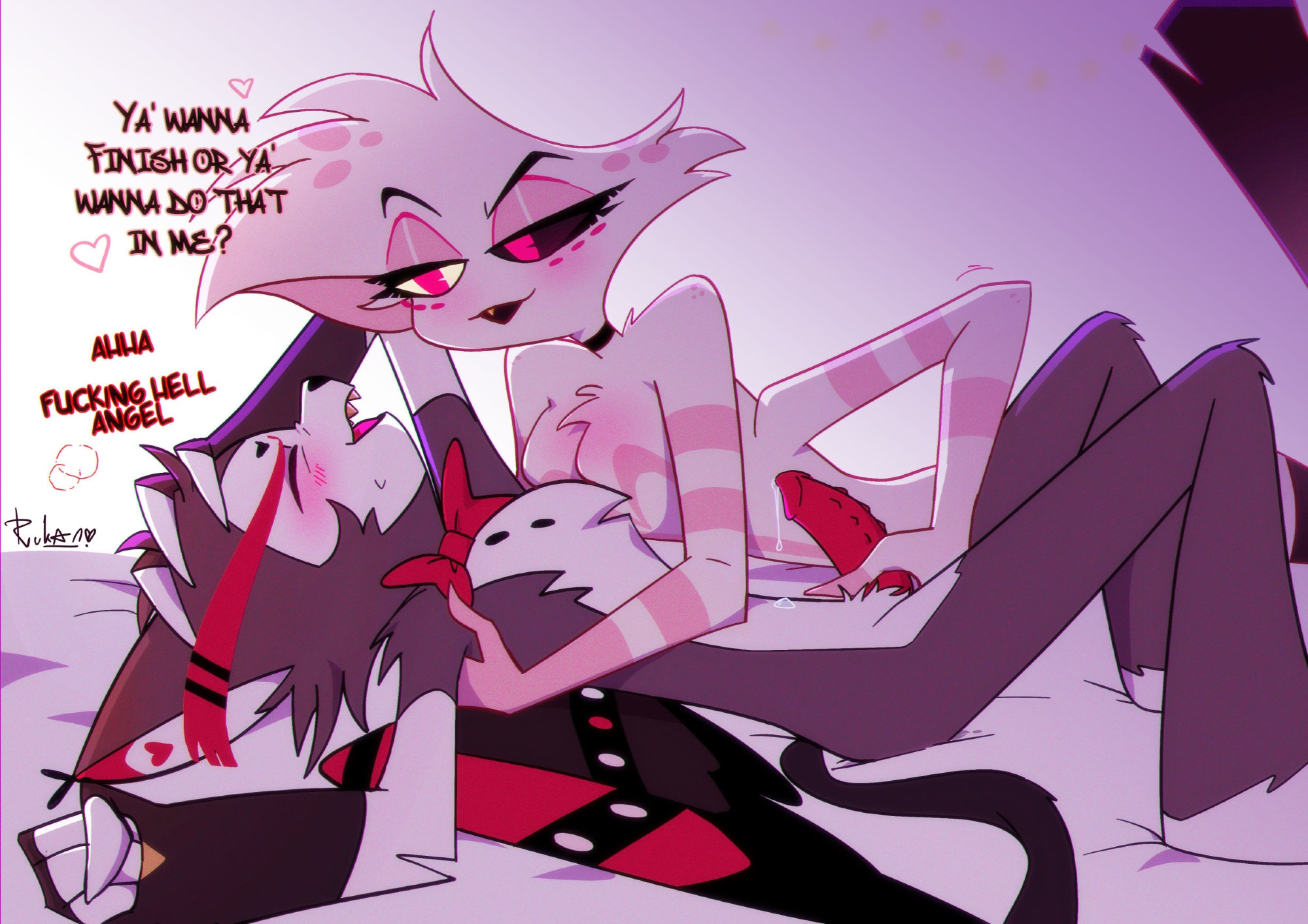 angel dust (hazbin hotel), barbed penis, bedroom, blush, collar, dialogue, english text, femboy, furry, gay, gay sex, handjob, hazbin hotel, heterochromia, husk (hazbin hotel), indoors, masturbation, rukan, tagme, text, twink, wings, yaoi