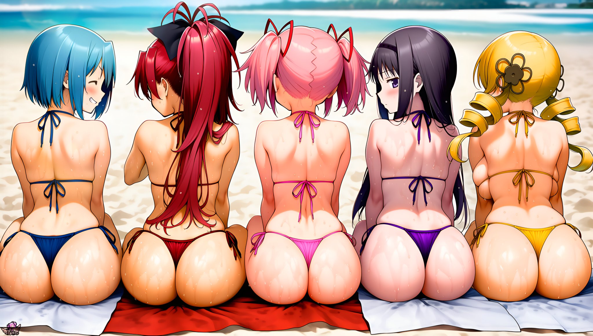 5girls, ai generated, akemi homura, artist logo, ass, ass focus, beach, big ass, big butt, bikini, black hair, black ribbon, blue eyes, blue hair, blush, bubble ass, bubble butt, butt focus, closed eyes, cute, day, daytime, drill hair, female, female only, hair ribbon, hi res, long hair, long ponytail, looking at viewer, looking back, looking back at viewer, madoka kaname, madoka worship, magical girl, mahou shoujo madoka magica, miki sayaka, multiple girls, pink eyes, pink hair, ponytail, puella magi madoka magica, purple eyes, red eyes, red hair, red ribbon, ribbon, ribbons, round ass, round butt, sakura kyouko, short hair, sitting, smile, straight hair, sunny, thick ass, thick thighs, thong, tomoe mami, twin drills, twintails, water, water drop, yellow eyes, yellow hair