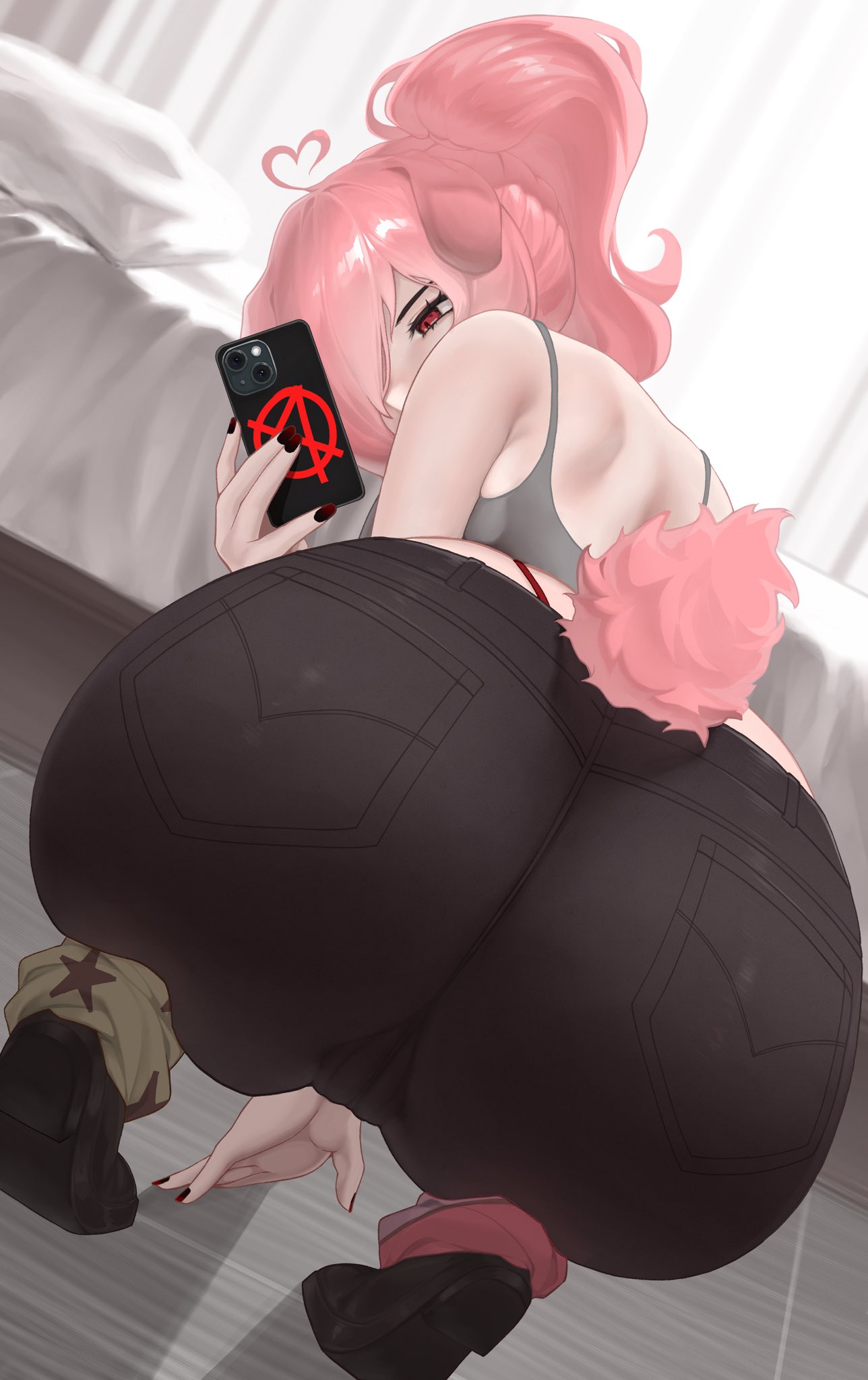 1female, 1girl, 1girls, 1woman, anniepants02, ass, big ass, big butt, butt, dat ass, fat ass, holding phone, indie virtual youtuber, looking back, painted nails, phone, pink hair, pink tail, ponytail, red eyes, selfie, tail, tight pants, virtual youtuber