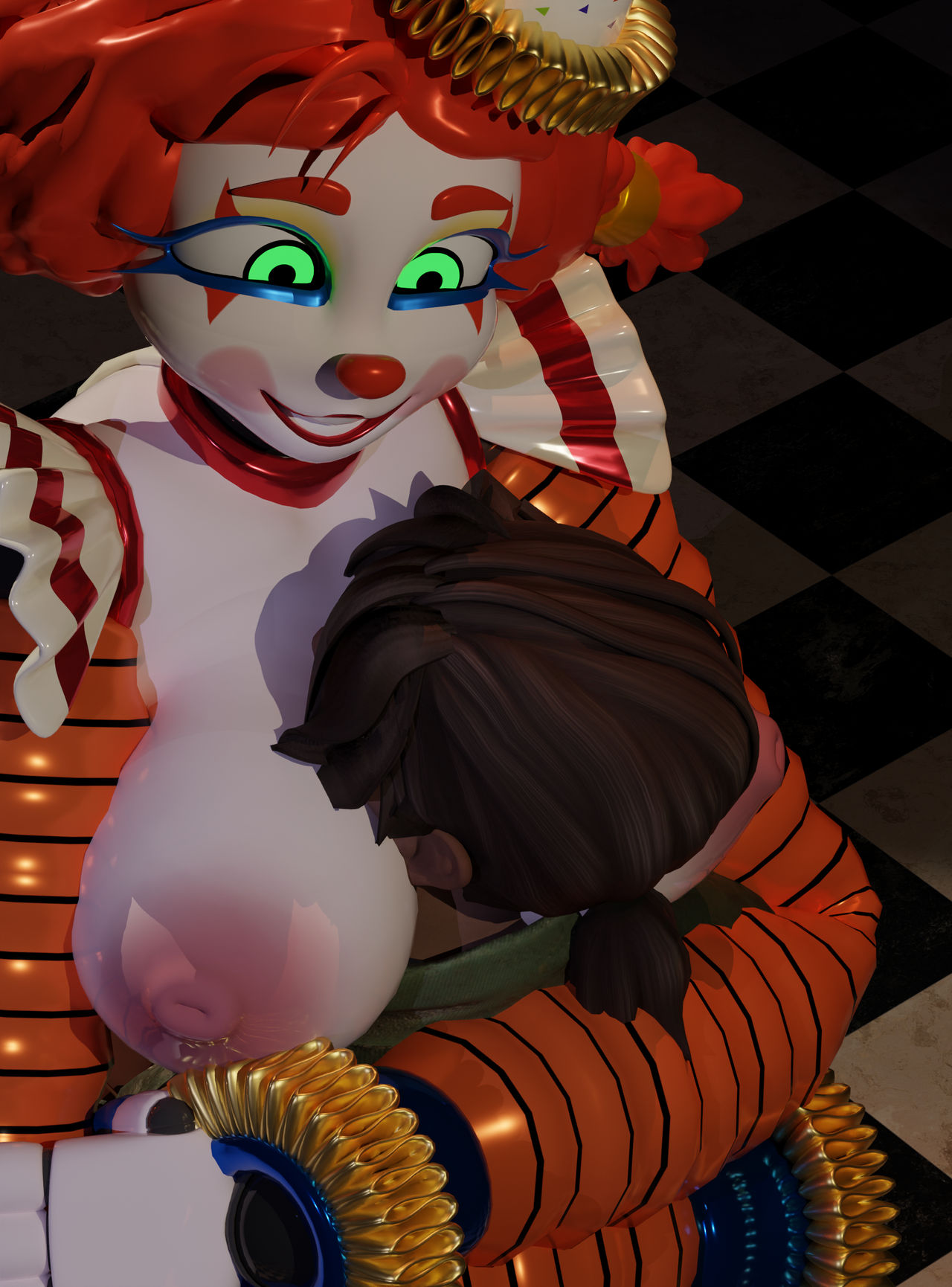 3d, arnold (fnaf), blender, breasts out, face between breasts, five nights at freddy's, five nights at freddy's: secret of the mimic, fnaf, hugging, human, jackie (fnaf), jackie (mishuuyu), mishuyuu (modeler), render, straight