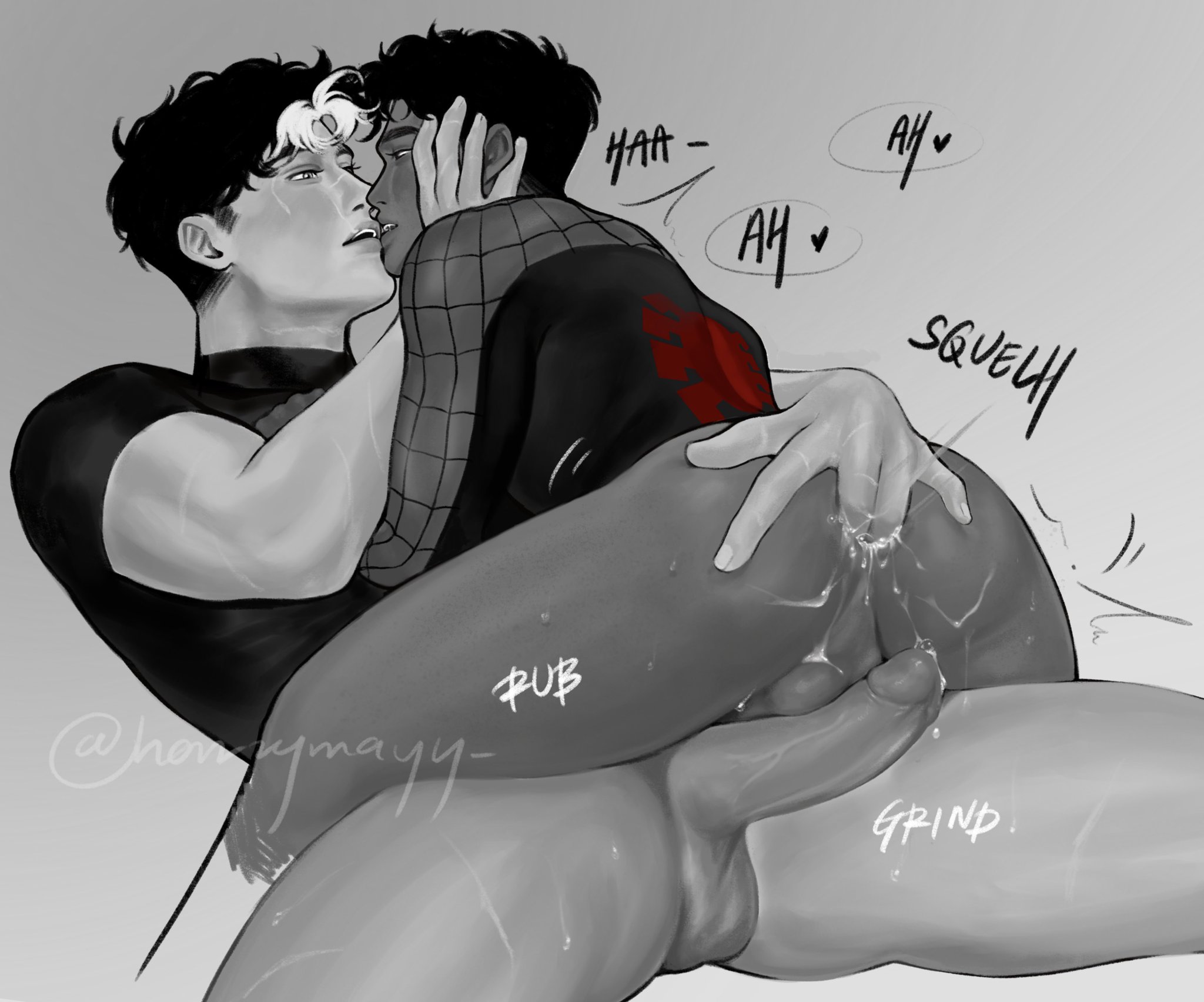 after anal, after sex, anal, anal fingering, artist name, balls, big penis, black hair, clothed, clothed sex, cum, cum inside, dark skin, dark-skinned male, dc, dc comics, fingering, fingering ass, gay, gay male, gay sex, hazzymayy , jason todd, light skin, light-skinned male, marvel, penis, peter parker, red hood (dc), short hair, source request, spider-man, yaoi