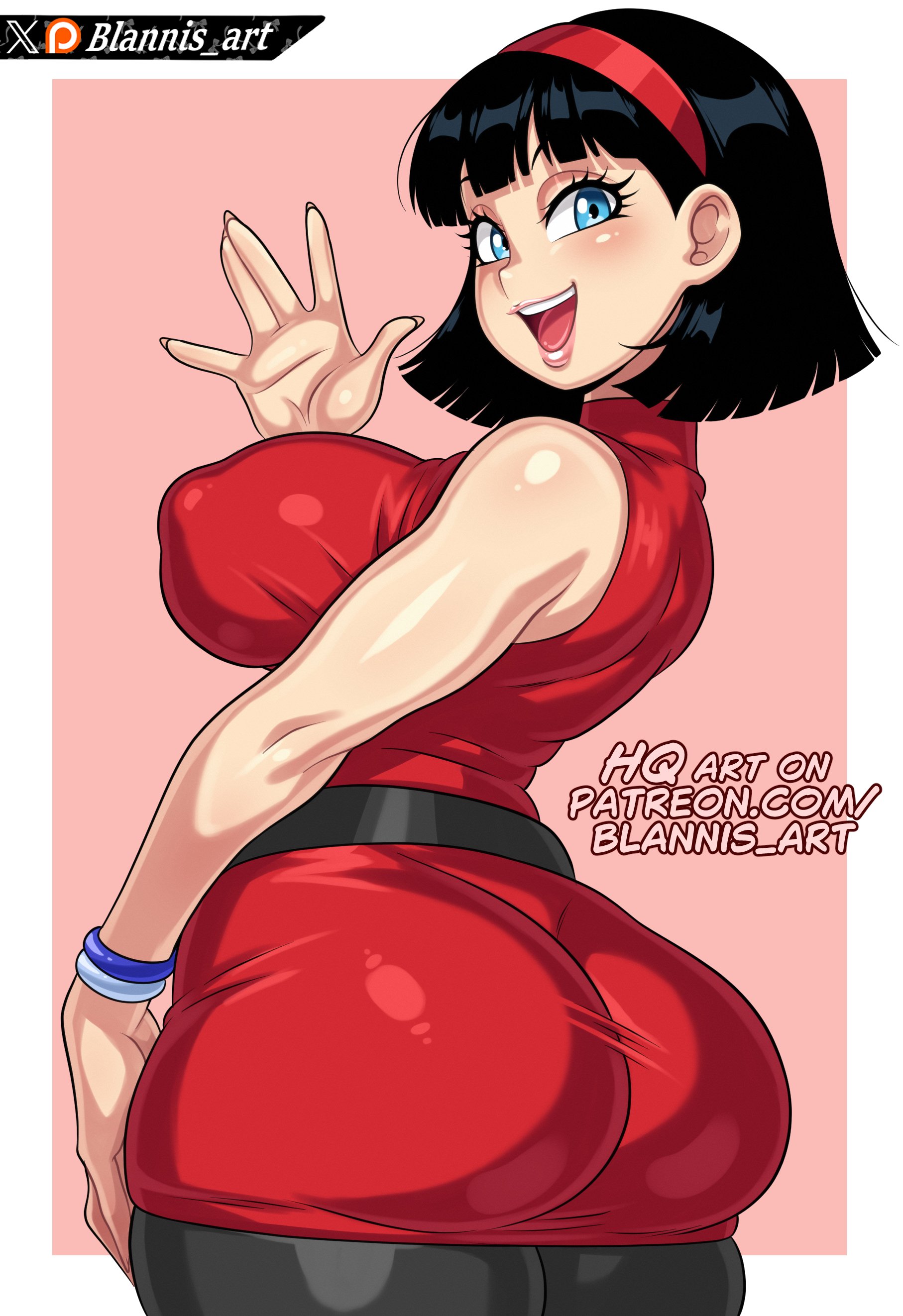 1girls, 1milf, ass, blannis art, breasts, dragon ball, dragon ball super, dragonball, dragonball super, female, female focus, female only, large breasts, light skin, light-skinned female, looking at viewer, looking back, mature female, milf, solo, thick thighs, thighs, videl, videl (dragon ball super), wide hips