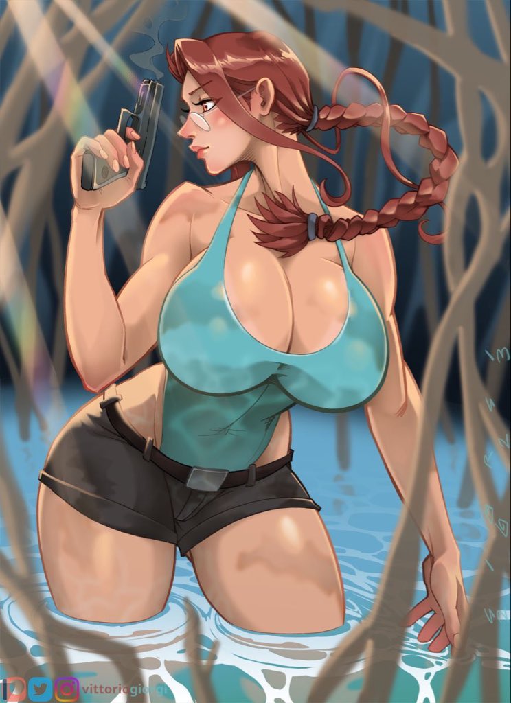 1girls, breasts, female, female focus, female only, lara croft, lara croft (classic), large breasts, light skin, light-skinned female, looking away, solo, thick thighs, thighs, tomb raider, tomb raider (classic), vittorio giorgi, wide hips