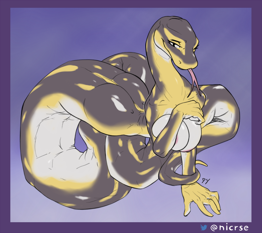 anthro ass ball_python big_butt breast_squish breasts commission_art diagamon female forked_tongue hanging_breasts looking_at_viewer narrowed_eyes python python_(genus) reptile scalie snake solo squish tail_grab tongue tongue_out