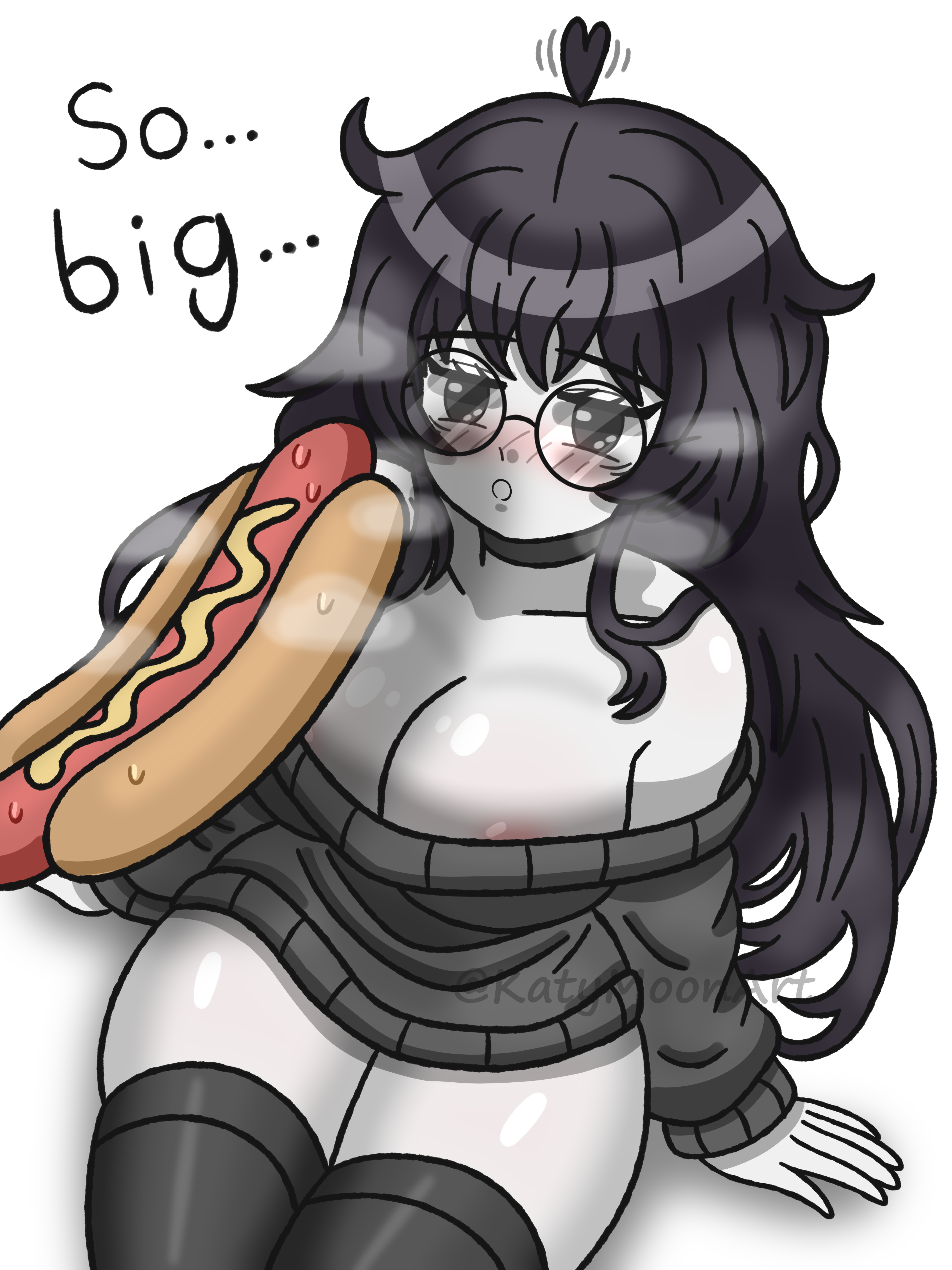 1girls, artist, big breasts, big thighs, black hair, blowjob, blush, choker, cute, depressed, female, female only, funny, glasses, hot dog, katy (katymoonart), katymoonart, long hair, messy hair, not porn, oc, original, original character, solo, solo female, sweater, text, thighhighs, tired eyes, white background, white body