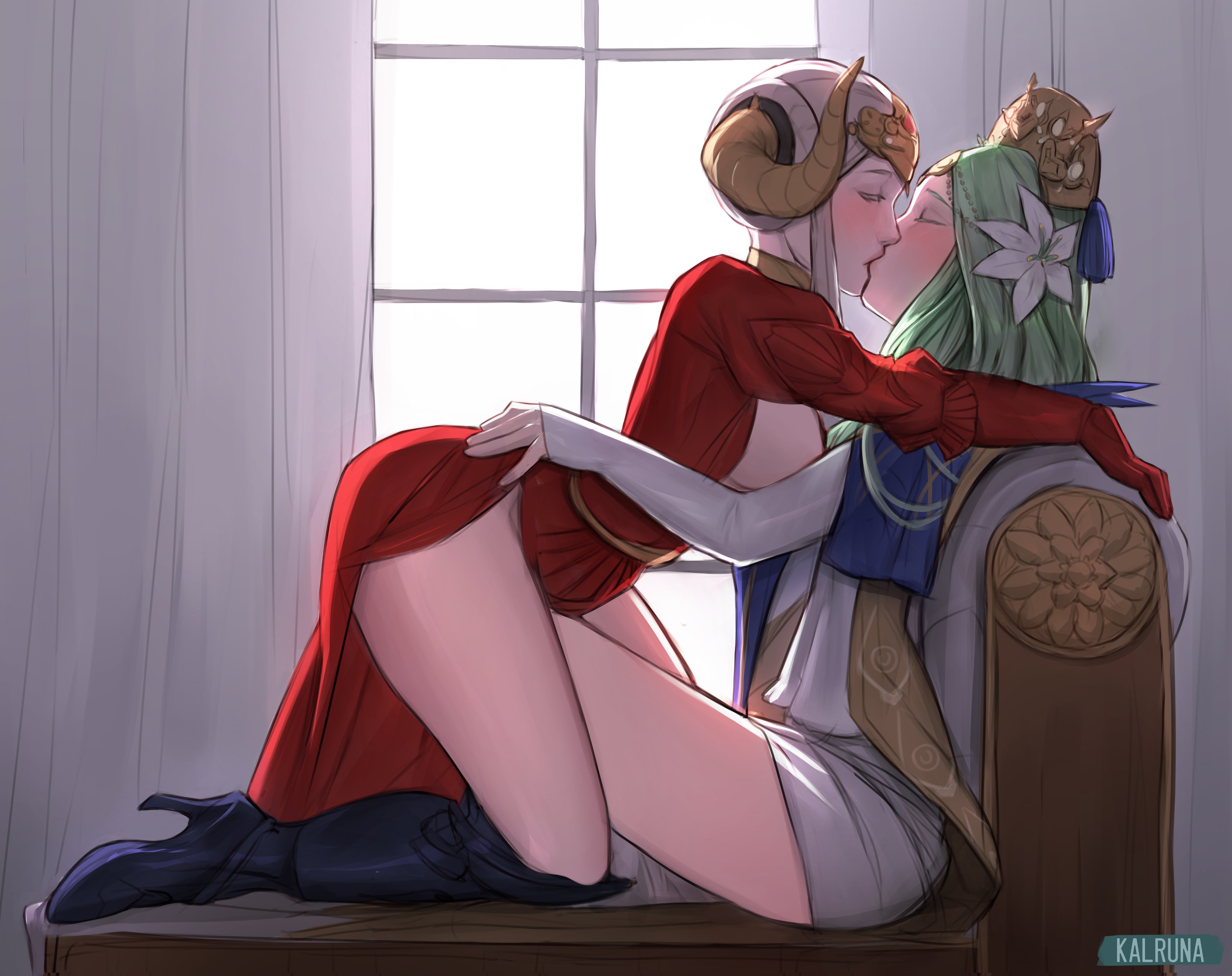 2girls, bare legs, breasts, breasts out, edelgard von hresvelg, female, female only, fire emblem, fire emblem: three houses, green eyes, green hair, horn ornament, horns, kalruna, kiss, kissing, legs, making out, multiple females, multiple girls, nintendo, platinum blonde hair, post-timeskip, rhea (fire emblem), short hair, yuri