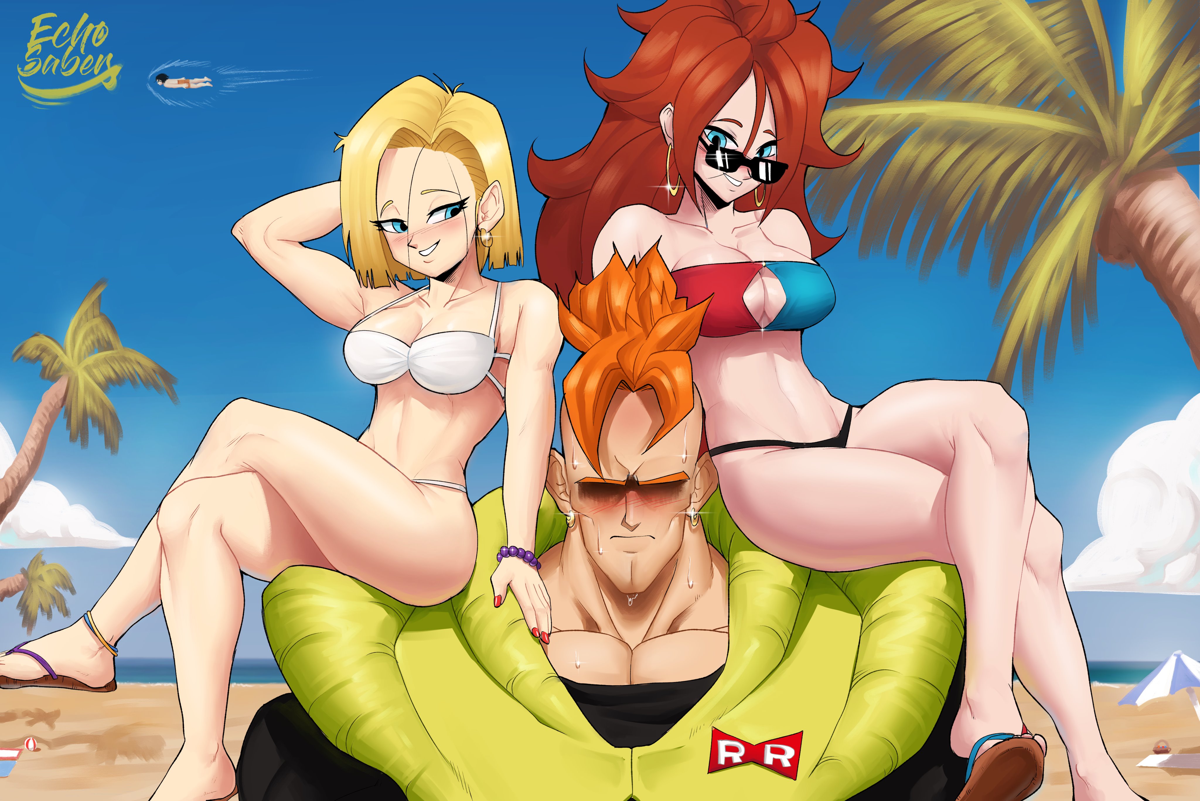 2girls, android, android 16, android 18, android 21, android 21 (human), big breasts, blonde female, blonde hair, blue eyes, blush, bob cut, breasts, brown hair, dragon ball, dragon ball fighterz, dragon ball super, dragon ball super super hero, dragon ball z, echosaber, female, long hair, male, milf, nipples, open toe shoes, short hair, sitting on person, straight