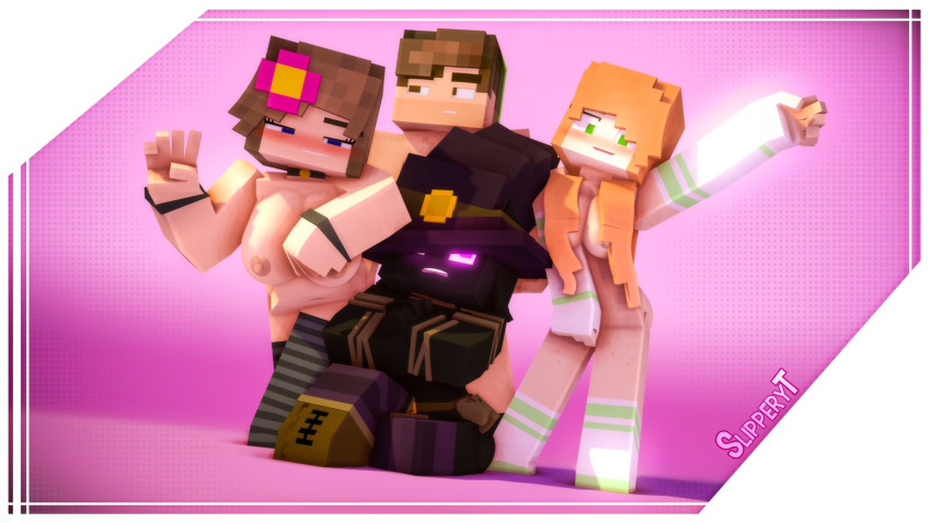 1boy 3d 3girls amber_green_(slipperyt) big_breasts black_skin blue_eyes breasts brown_hair commission enderman enderwoman favor female green_eyes horny_female human humanoid jenny_belle_(slipperyt) male mine-imator minecraft nude orange_hair original_character outside purple_eyes slipperyt tagme