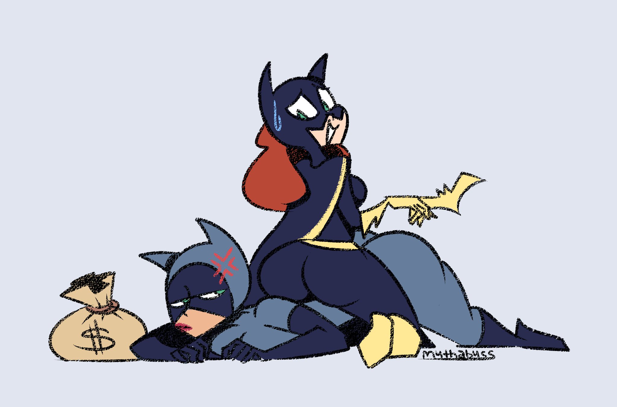 2020, 2d, 2girls, anger, anger vein, artist name, ass, batgirl, batgirl (barbara gordon), batgirl (dcau), batman (series), batman: the animated series, big ass, catwoman, catwoman (dcau), clothed, clothed female, color, dc, dc comics, dcau, embarrassed, female, female only, full color, fully clothed, looking back, multiple girls, mythabyss, non-nude, red hair, simple background, sitting on person, superheroine, sweatdrop, uncensored, villain, villainess