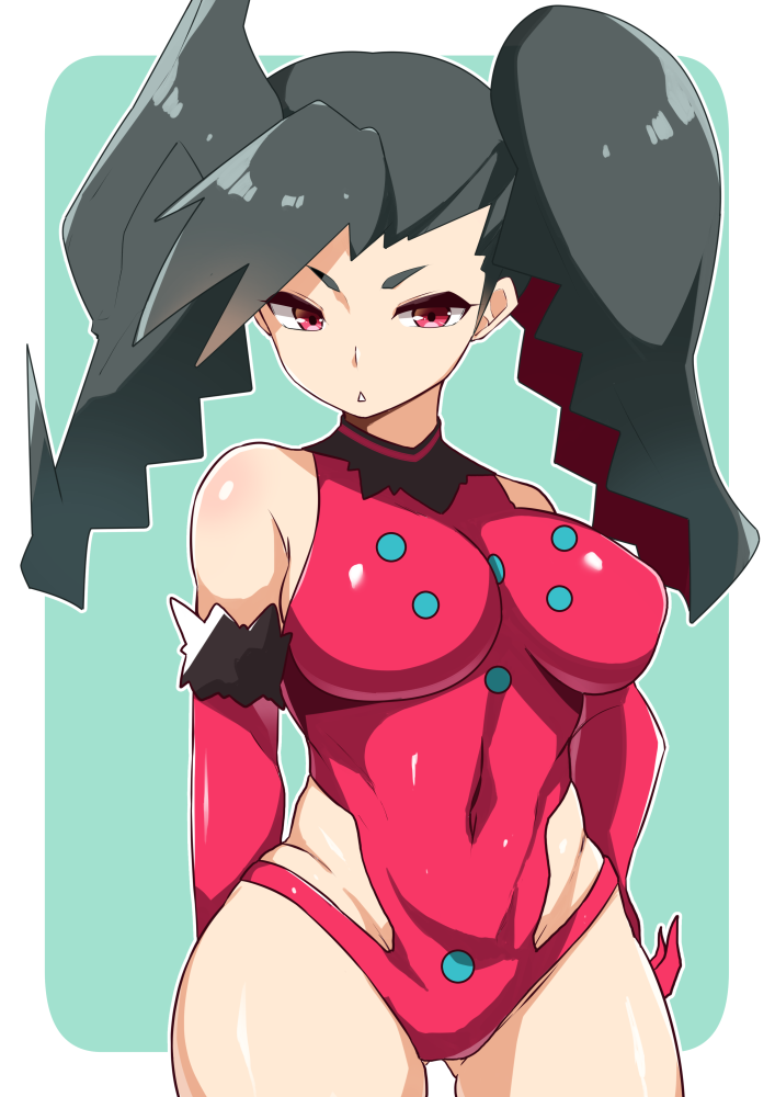 1girls 2020 animal-shaped_hair bare_shoulders black_hair blue_background breasts clothing covered_navel elbow_gloves eyelashes female female_only fur_trim gijinka gloves highres human human_only humanized humanized_pokemon legendary_pokémon leotard medium_breasts mituyota_76 moemon nintendo personification pokémon_(species) pokemon pokemon_ss red_eyes red_gloves red_leotard regidrago sideboob simple_background solo standing thigh_gap thighs twintails white_border