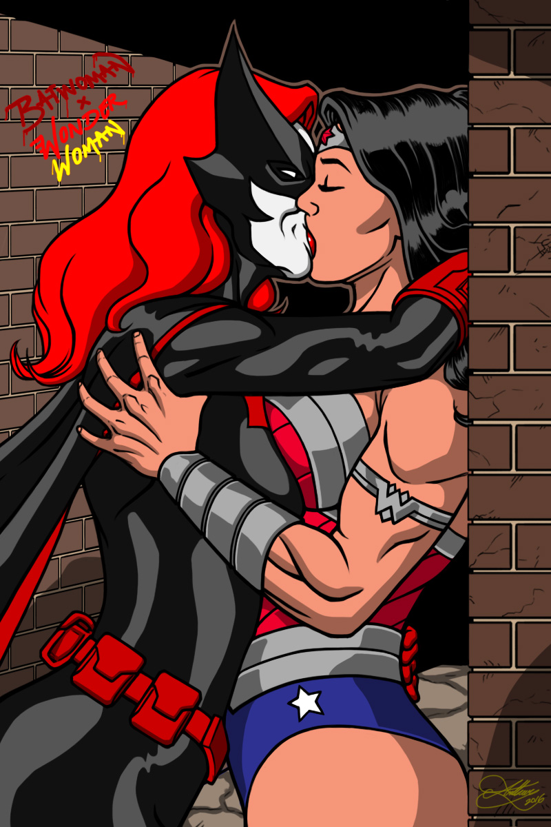 2girls against_wall aggressive alternate_breast_size batman_(series) batwoman big_breasts black_suit breasts clothing dc dc_comics diana_prince female female_only kate_kane kaywest kissing large_breasts multiple_girls muscular red_hair wonder_woman wonder_woman_(series) yuri