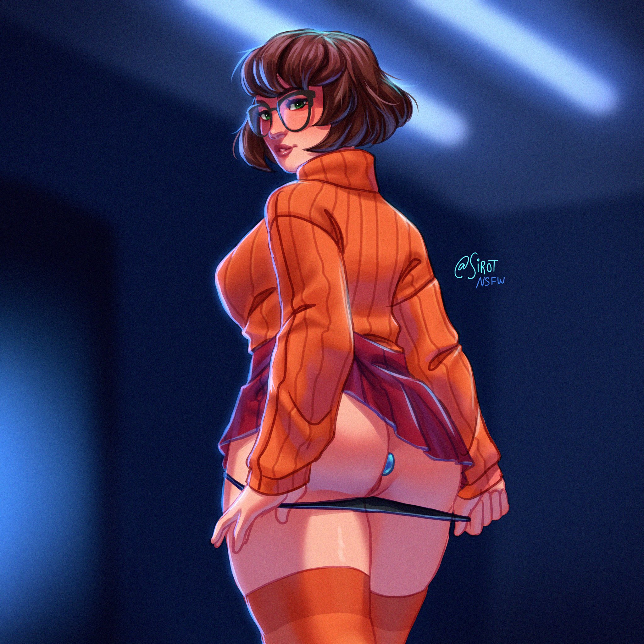 1girls, anal plug, ass, blurry background, buttplug, female, female only, from behind, glasses, green eyes, looking at viewer, orange sweater, panties, panties down, panty pull, pussy, scooby-doo, sex toy, short hair, sirot nsfw, skirt lift, solo, standing, sweater, turtleneck, velma dinkley