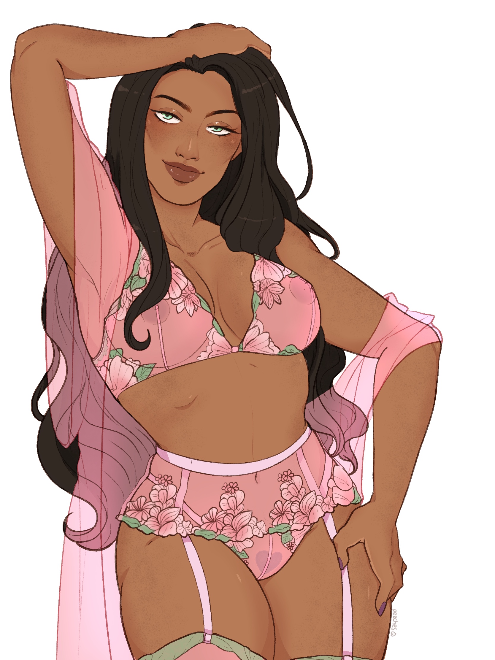 1girls, arm up, armpits, arms up, artist signature, bra, breasts, cleavage, cowboy shot, dark skin, dark-skinned female, eyelashes, eyeliner, eyeshadow, female, female only, garter belt, garter straps, hi res, large breasts, light smile, lingerie, lips, lipstick, long hair, looking at viewer, makeup, mature female, medium breasts, nipples, nipples visible through clothing, original character, panties, peachsmoochie, pink lingerie, pose, see-through, simple background, stockings, thong, very long hair, white background