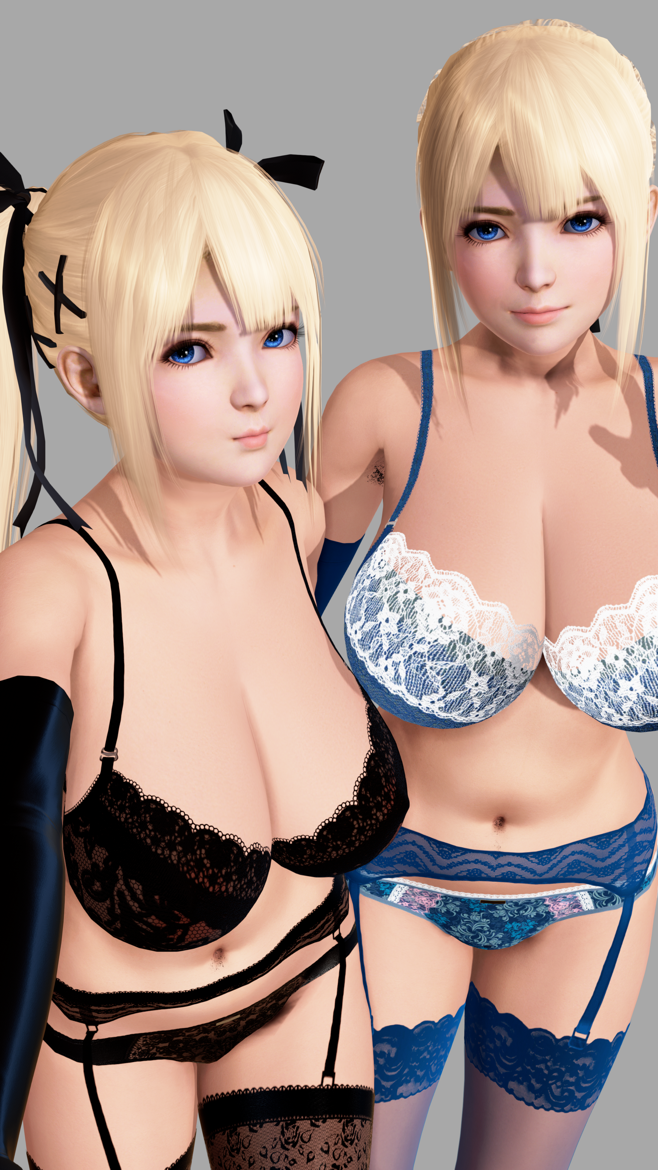 2girls, 3d, alternate hairstyle, black legwear, black lingerie, black stockings, blonde hair, blonde-haired female, blue eyes, blue lingerie, blue stockings, bra, breasts, cleavage, dead or alive, dead or alive 5, deep cleavage, dual persona, female, female only, garter belt, garter straps, large breasts, lingerie, long hair, looking at viewer, marie rose, multiple females, multiple girls, myyp, panties, ponytail, stockings, twintails