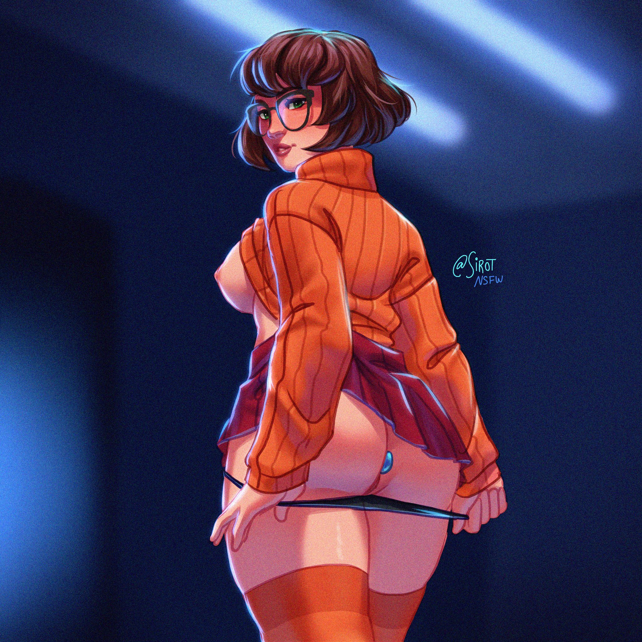 1girls, anal plug, ass, blurry background, breasts, breasts out, buttplug, female, female only, from behind, glasses, green eyes, looking at viewer, orange sweater, panties, panties down, panty pull, pussy, scooby-doo, sex toy, short hair, sideboob, sirot nsfw, skirt lift, solo, standing, sweater, sweater lift, turtleneck, velma dinkley