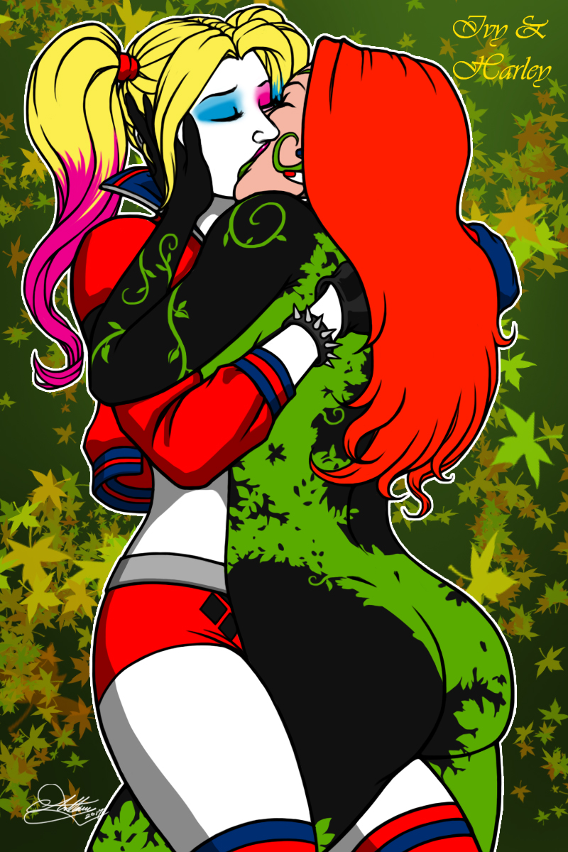 2girls, ass, batman (series), blonde hair, character name, closed eyes, dc, dc comics, female, female only, harley quinn, kaywest, kissing, lesbian kiss, multiple females, multiple girls, passionate, poison ivy, red hair, signature, text, yuri